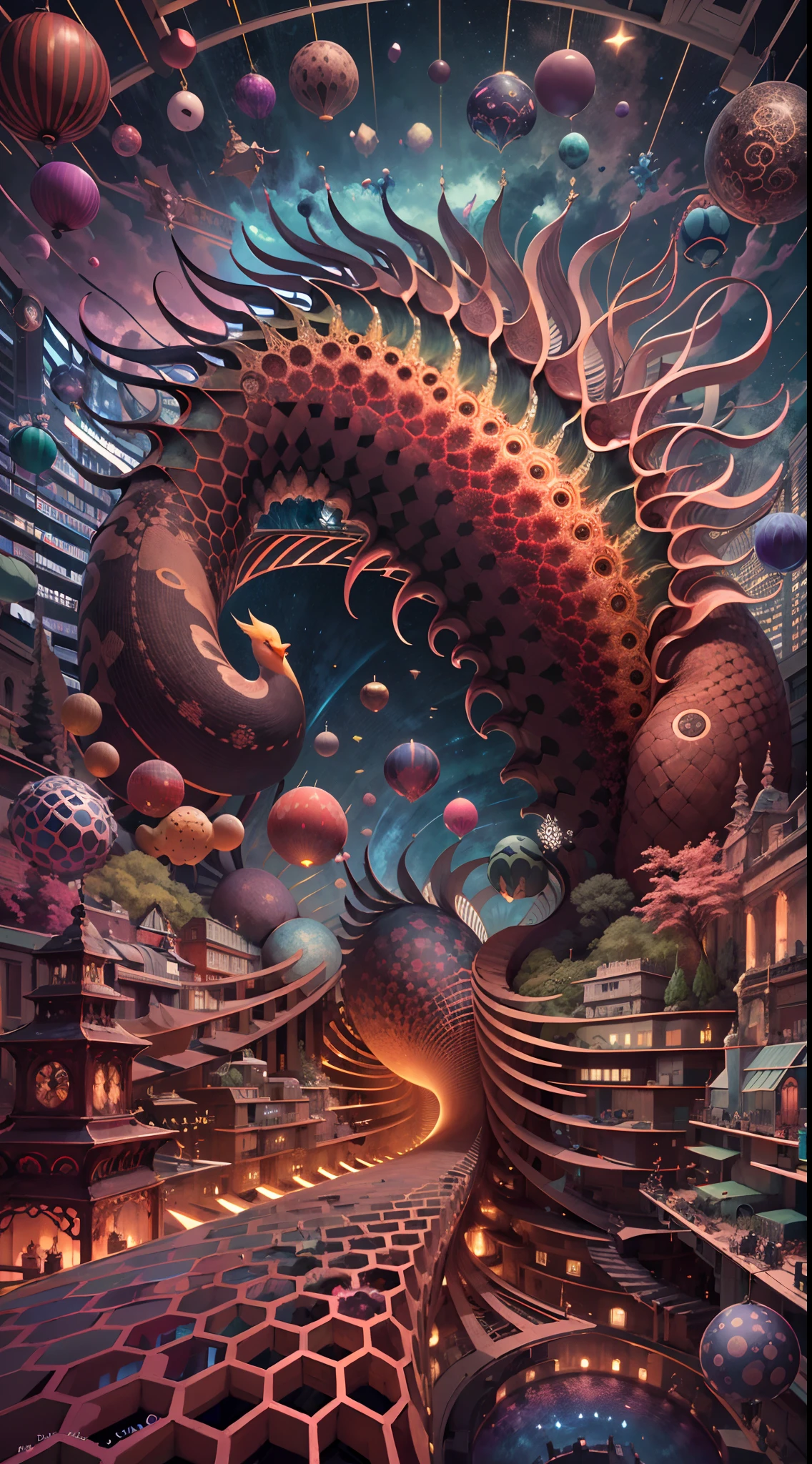 Monstruo gigante mirando hacia abjao en un paisaje de otro mundo,Gigante echo de fractales, Fractal infinito,fractal de Mandelbrot, divino, Figura imponente humanoide, masivo,escala masiba, mirando hacia abajo, de pie, inmenso, apocalyptic, colorido, iridiscente, obra maestra, 4k-resolution, detalles intrincados, dios,divino,ente superios echo de fractales,figuara imposible,geometria unica,
