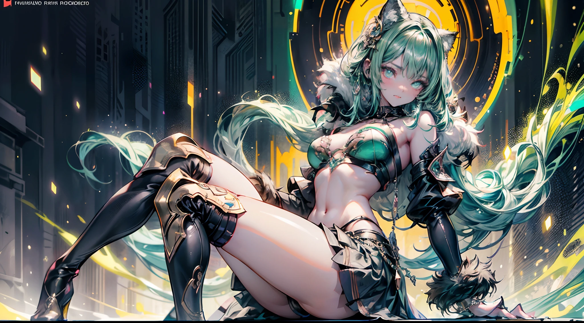 werewolf girl, ((fluffy skin)), paws on foots, fluffy fur on body, ((fangs)), ((claws)), tight slim crop top, cleavage, decolette, huge metal bracelets, huge metal collar, high over-the-knee boots, light green extremely_detailed_(lacy, fur, silk, satin)_(clothing, skirt), (light green clothing), detailed face, detailed beautiful shiny eyes, slit pupils, metallic reflections, futuristic city square, (tatooed, marked)_fit_muscular_body, (((1girl))), portrait, (full body), natural breasts, medium length hair, (masterpiece:1.4), (best quality:1.4), 1girl, photorealistic, ultra detailed, ((Real image)), ((realistic skin)), ((realistic face)),(illustration:1.05), (beautiful:1.05), (beautiful detailed eyes:1.05), (cinematic light:1.1), Full body, hair voluminous, perfect and well designed eyes, beautiful and delicate face, fair skin, real skin, (face detail), pores, super high resolution, 8k, parameters Best quality, masterpiece, super high resolution, (Realistic 2.0), More details, detailed skin, beautiful and aesthetic:1.2, fractal art:1.4, 16K, HDR, RTX, Ray Tracing, Radiosity, Anisotropic Filtering, Subsurface Scattering, light green neon, futuristic, vibrant colors, (((seductive laying)))