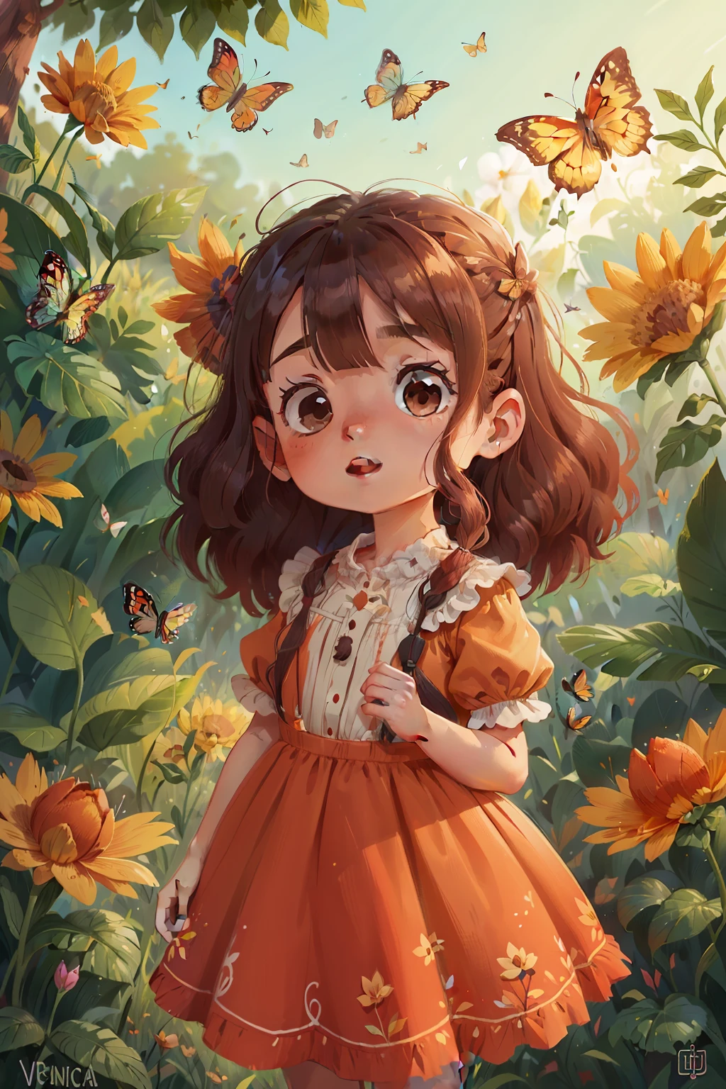  de cabelos escuros e curto, vestido vermelho, chasing butterflies, campo florido, menina, vestido vermelho, flores no cabelo, bochechas vermelhas, muitas flores, encontra um lago encantado
