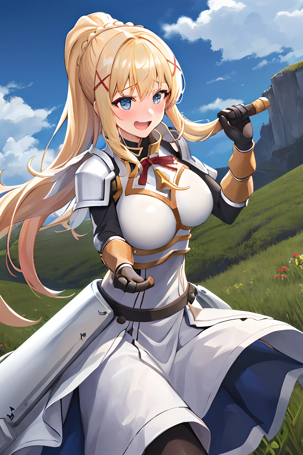 best quality, highres, 1girl, long hair, blonde hair, x hair ornament, armor, blue eyes, ponytail, hair ornament, gloves, shoulder armor, braid, black gloves, pauldrons, white boots, darkness \(konosuba\), large breasts, cowboy shot, village, outdoors, (excited:1.2), blush, open mouth,