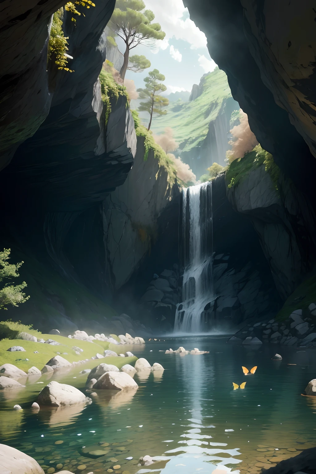 There is a waterfall in the middle of the rocky area,Countless rain butterflies flying,spectacular,Flocks of butterflies Cave with waterfall, ross tran. scenery background, 8k resolution digital painting, 8 k resolution digital painting, waterfall cave, Unreal Engine Digital Painting, 4k hd matte digital painting, Solitude under the waterfall, 4k highly detailed digital art, 4k digital painting, 4 k digital painting