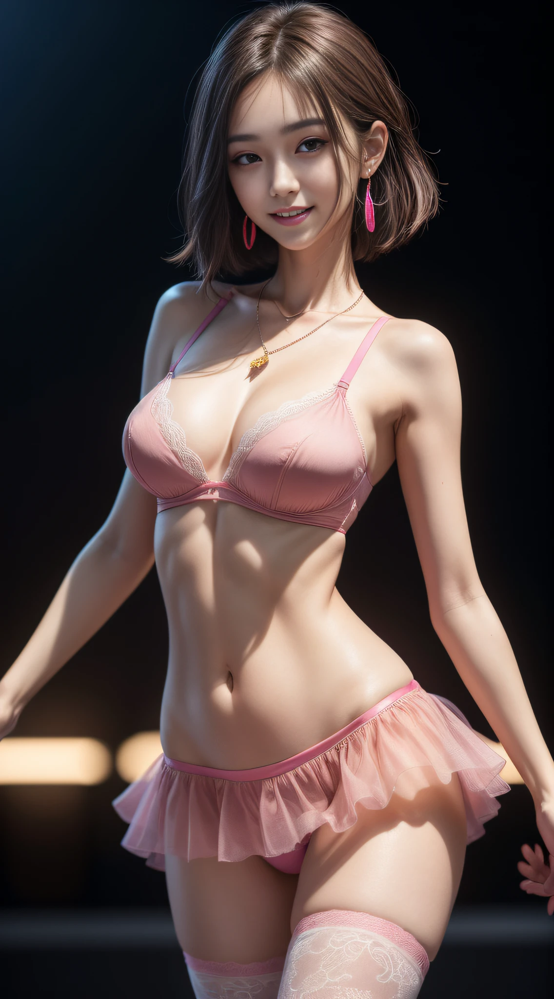 8k, masterpiece, RAW photo, best quality, photorealistic, extremely detailed CG unity 8k wallpaper, Depth of field, Cinematic Light, Lens Flare, Ray tracing, (extremely beautiful face, beautiful lips, beautiful eyes), intricate detail face, ((ultra detailed skin)) 1girl, in the dark, deep shadow, pretty korean girl, kpop idol, 1 girl, (very slim slender fit-muscled body:1.3), ((looking at viewer)),(big smile:1.3), (midnight, dark night, (neon sign), (blurred background), dim light), (without people in the background:1.3), beautiful earrings, bracelets, necklace, pantyhose, clear eyes, walking , front shot, (pale skin), (big eyes), face forward, (full body shot), (brown hairs), open navel, (looking at viewer:1.3), very slim, medium breasts, (camel toe), thick thighs, turn back,(laece panty),(laced bra), (flooming laced dress), ((hot pink color dress)),