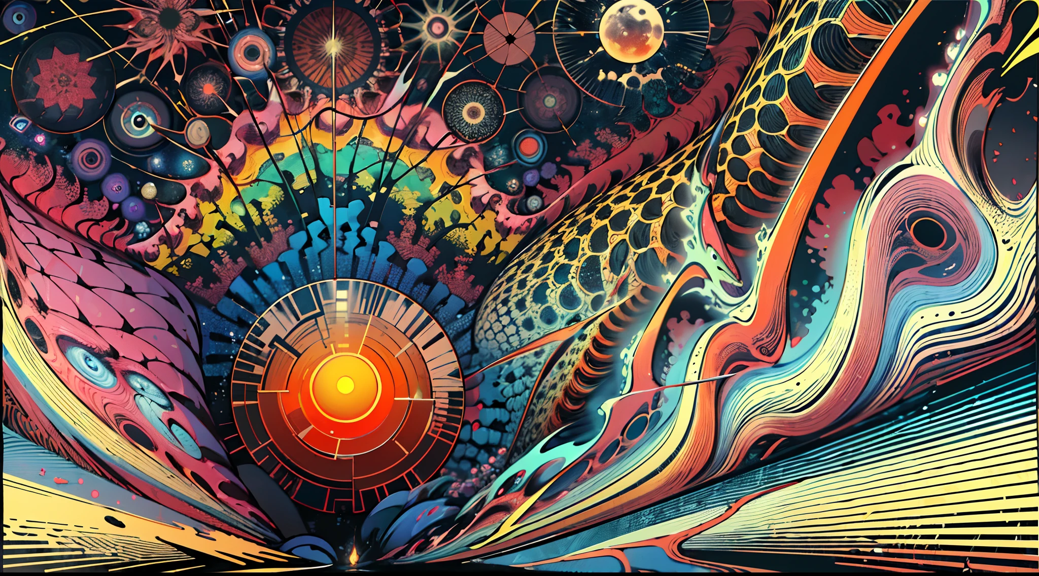 Monstruo gigante mirando hacia abjao en un paisaje de otro mundo,Gigante echo de fractales, Fractal infinito,fractal de Mandelbrot, divino, Figura imponente humanoide, masivo,escala masiba, mirando hacia abajo, de pie, inmenso, apocalyptic, colorido, iridiscente, obra maestra, 4k-resolution, detalles intrincados, dios,divino,ente superios echo de fractales,figuara imposible,geometria unica,