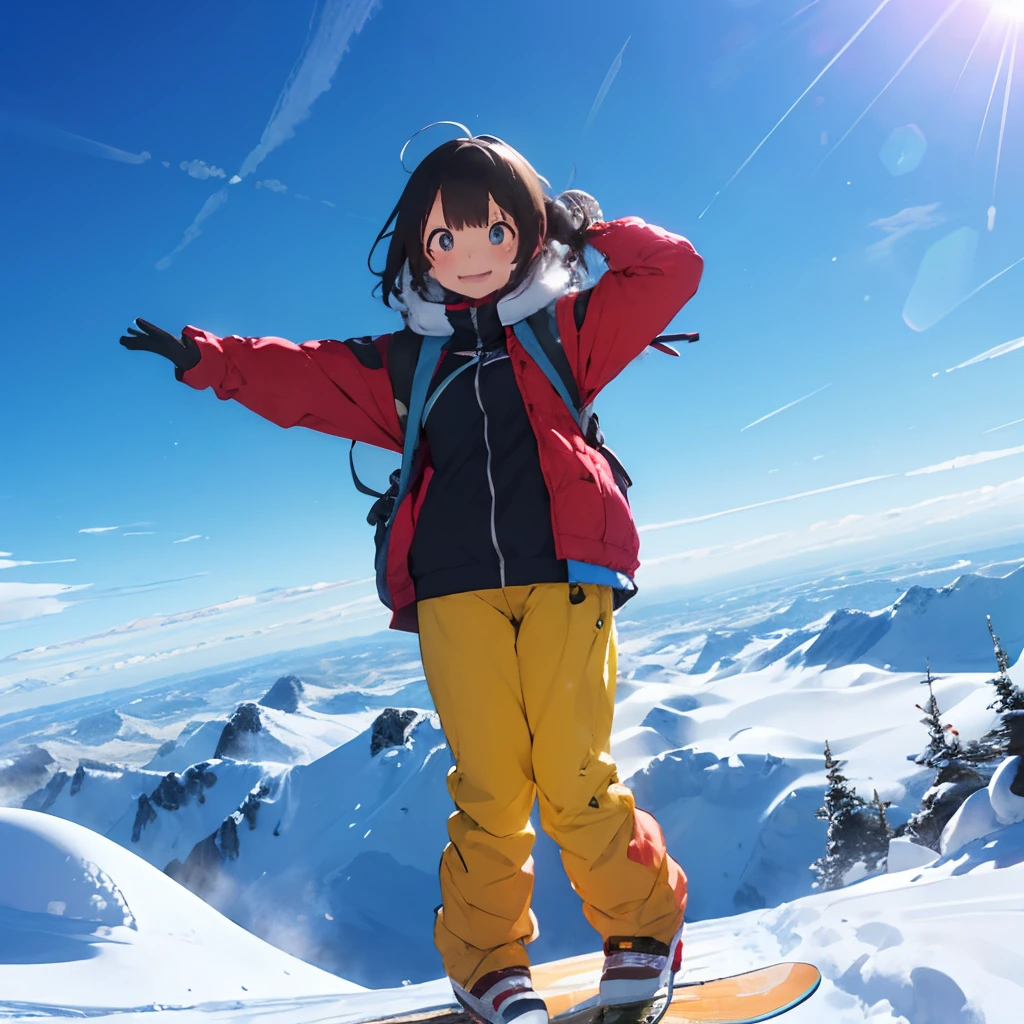 masutepiece, Best Quality, 8K_Wallpaper, (Beautiful eyes), ((There is an elevator on your left、There are a lot of people on board)), Cute, (Yellow Wear、Outerwear is blue、Red pants), (Following my friend downhill),1girl in,small tits,1 schoolgirl、Smile,(Girl Standing On Top Of A Mountain)、(((There is snow piled up higher than the head)))、Ski resort on a sunny day、snow board、(((Girl Standing On Top Of A Mountain)))(((Wear a snowboard)))、