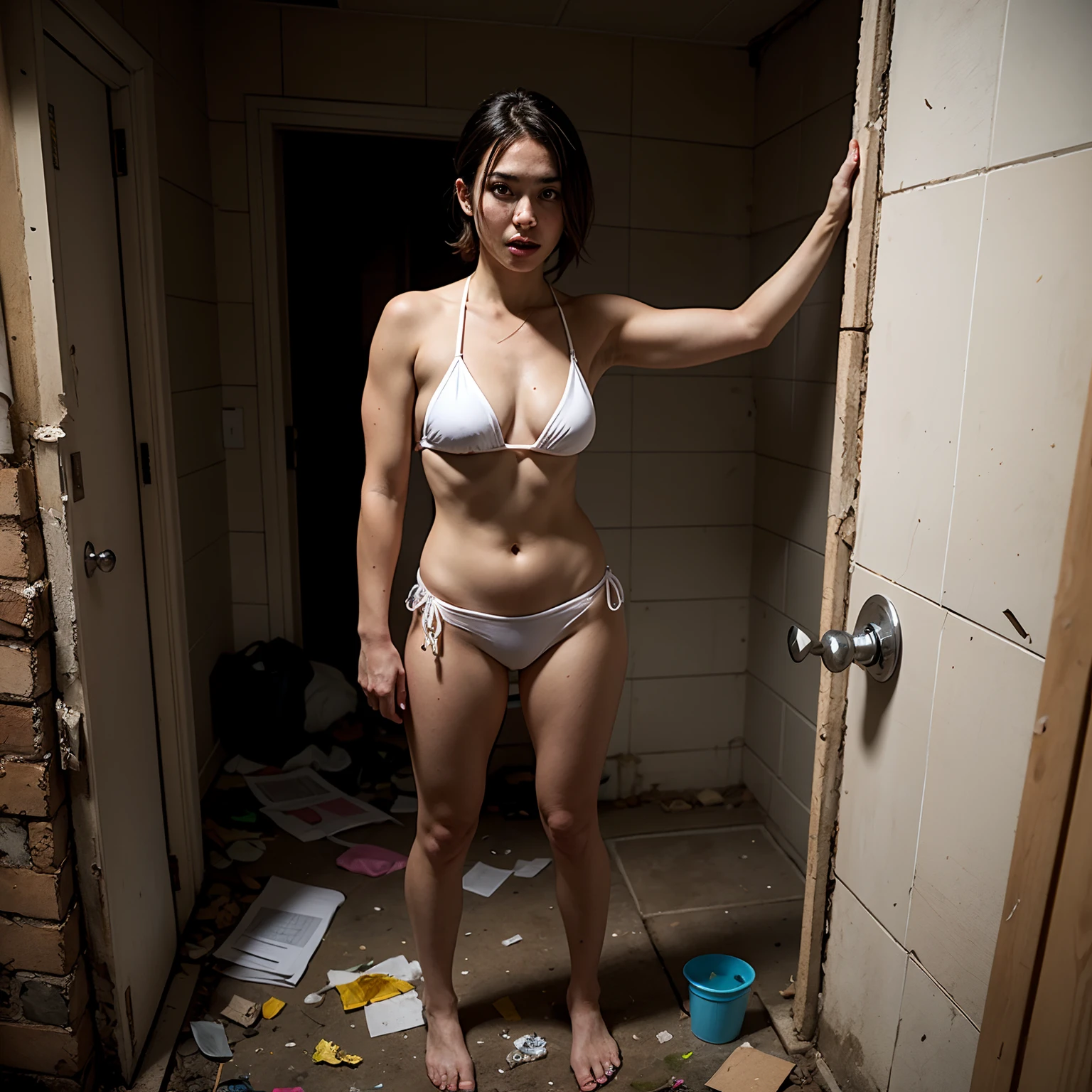 Standing in an abandoned toilet，legs are open，Garbage all over the ground，grimy， urinating， junk， tmasterpiece， Best quality at best， highly  detailed，Little white bikini，scruffy，Abandoned，Wearing a naked ，of a shirtless，Barefoot，Masterpiece，best qualtiy，A malaysian beauty，Extreme image quality，Body structure in perfect proportions，facing to audience，Resident Evil