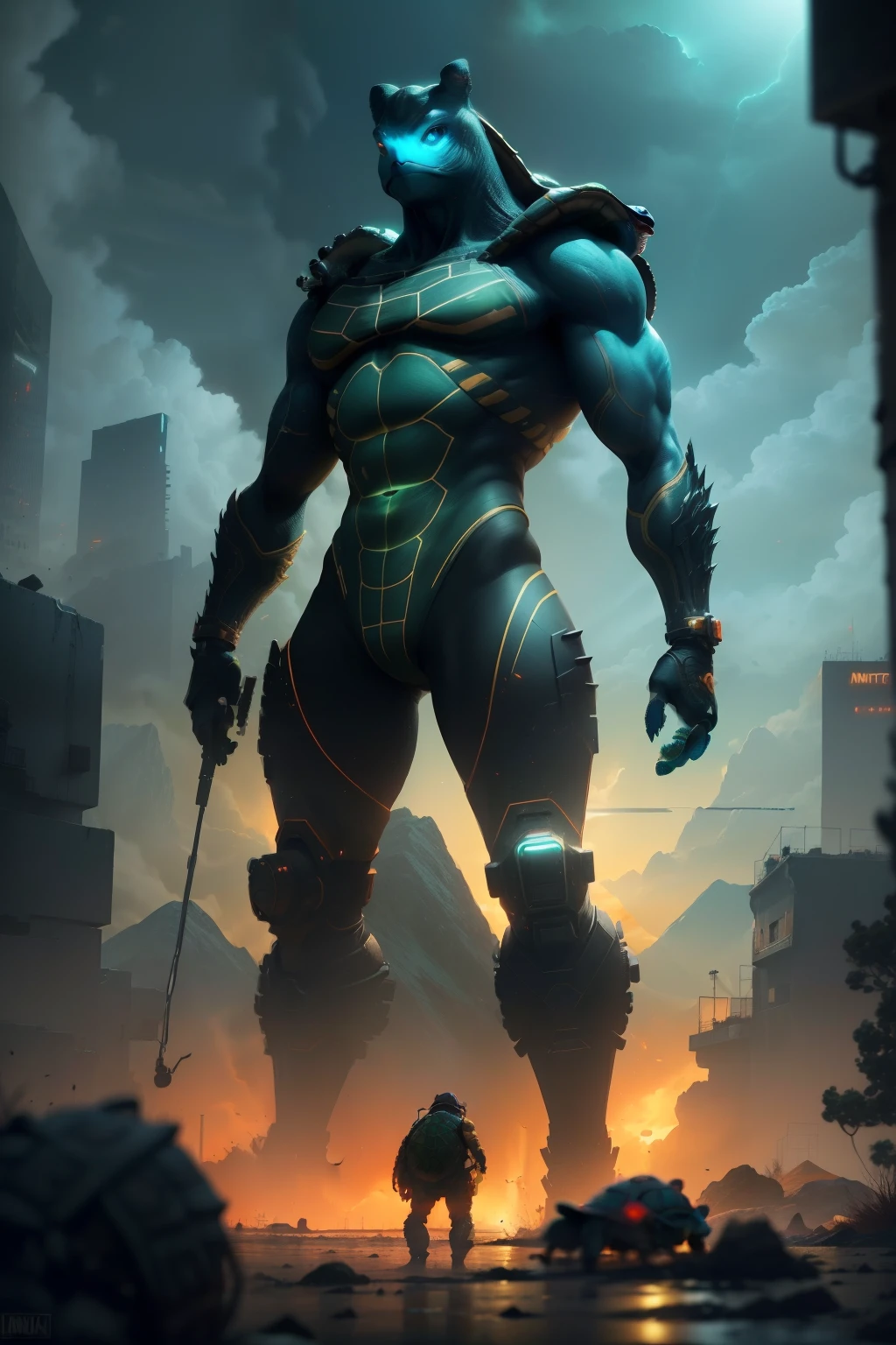 (anthropomorphic turtle:1.5),(Full body shot), Cyberpunk, In the middle, 1 Orange Tiger mech(Mechanical orange tiger head, Blue glowing goggles, Gas masks, Muscular limbs, Muscular body), standing on two legs, Mechanical Wonder, Damaged machine elements,No Man, Moonlight, dreamy glow, Ruined city, ( Global illumination, Ray traching, hdr, unreal render,reasonable design, Masterpiece, Best quality, hyper HD, Cinematic lighting)