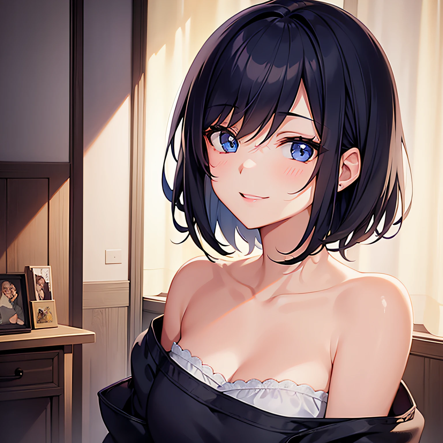 {1girl in,Shorthair, A dark-haired, blue eyess}, {Smiling, A smile, Red face, inside in room,on the beds}, concept-art, beautiful anime scene, Beautiful anime scenery, top-quality, masterpiece