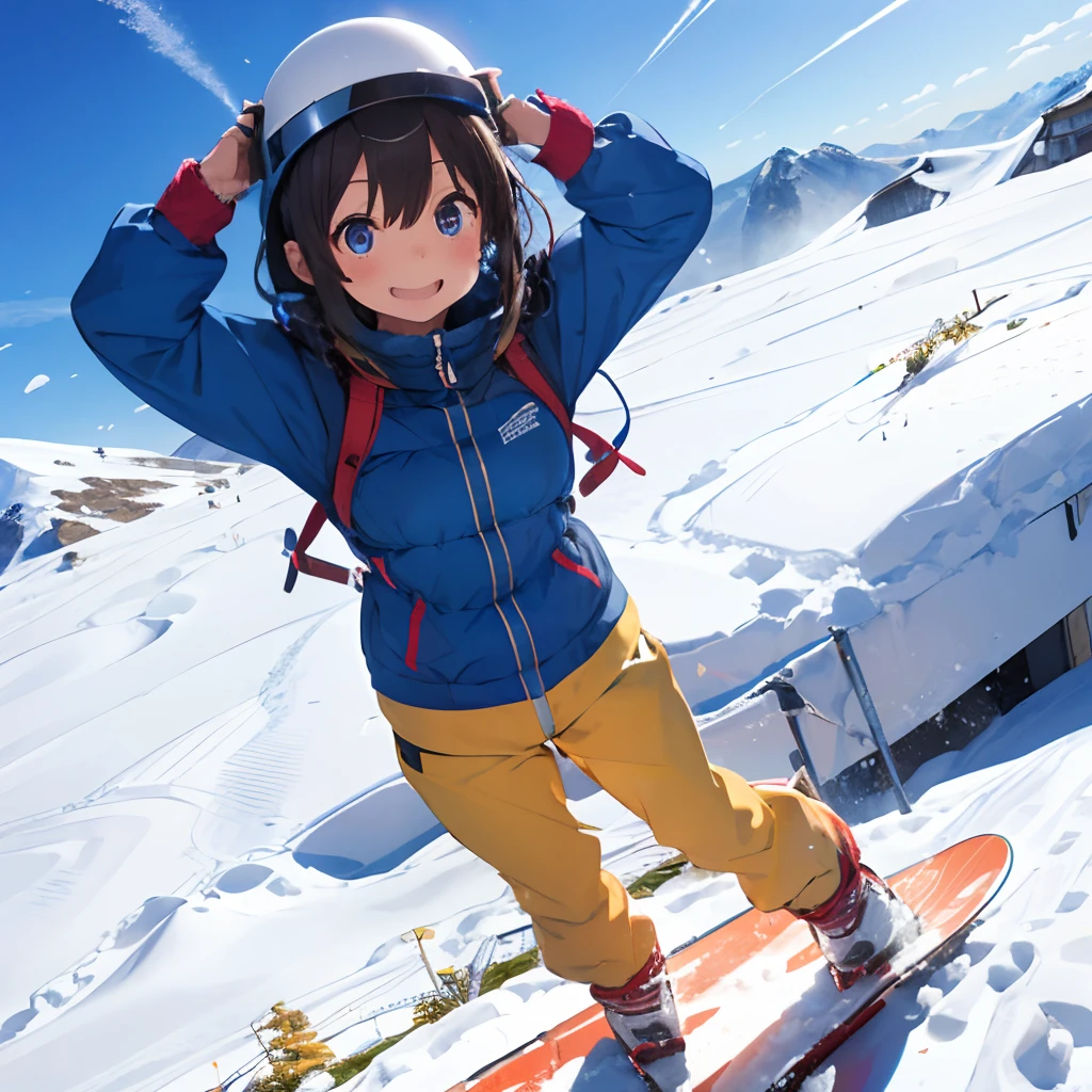 masutepiece, Best Quality, 8K_Wallpaper, (Beautiful eyes), ((There is an elevator on your left、There are a lot of people on board)), Cute, (Yellow Wear、Outerwear is blue、Red pants), (Following my friend downhill),1girl in,small tits,1 girl、Smile,(Girl Standing On Top Of A Mountain)、(((There is snow piled up higher than the head)))、Ski resort on a sunny day、snow board、(((Girl Standing On Top Of A Mountain)))(((Wear a snowboard)))、