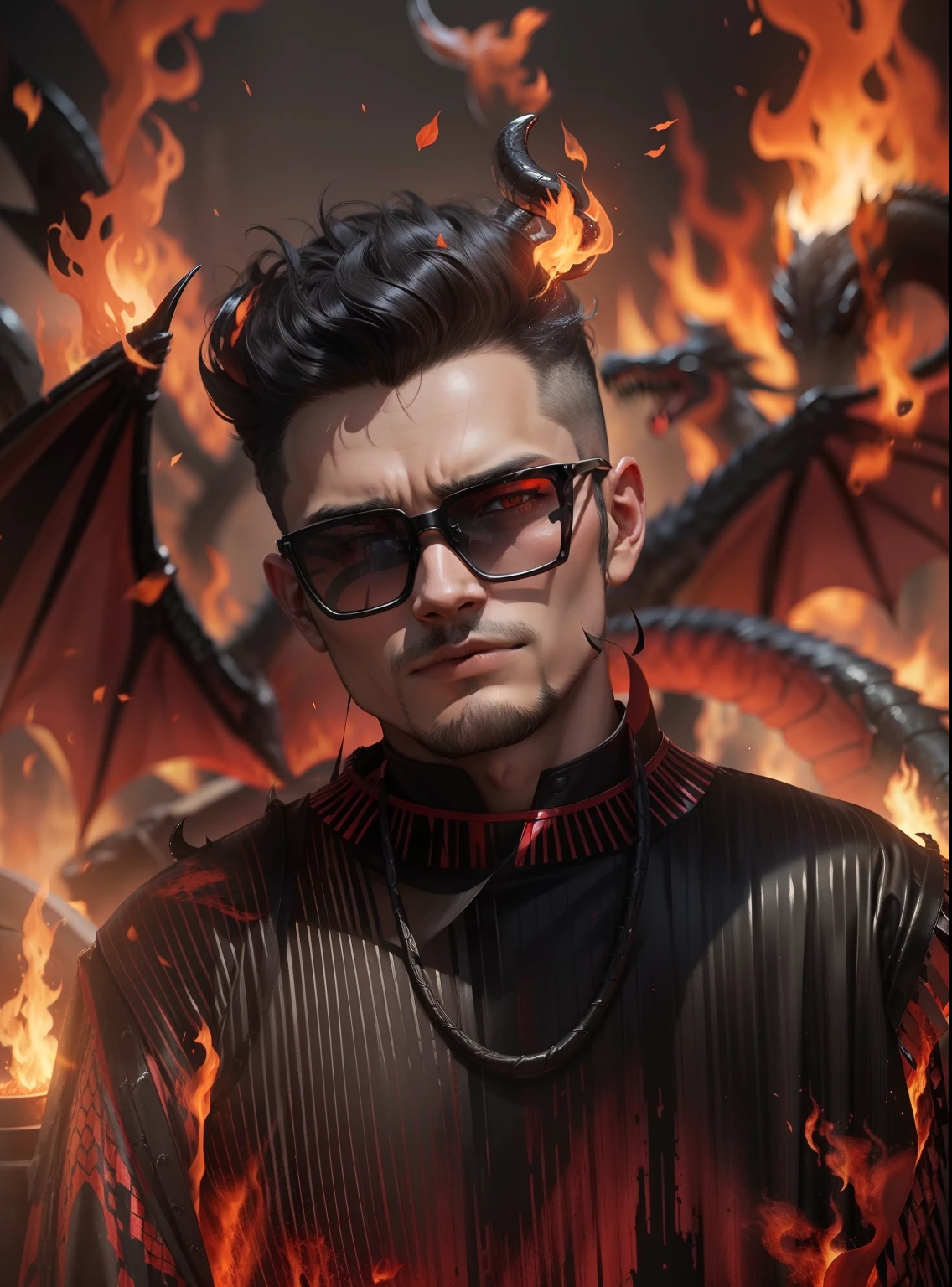 A devil with black snake hairs with the background of fire and dragons