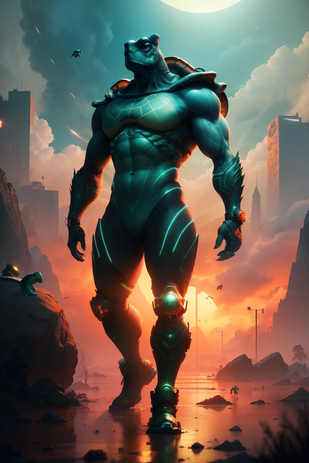 (anthropomorphic turtle:1.5),(Full body shot), Cyberpunk, In the middle, 1 Orange Tiger mech(Mechanical orange tiger head, Blue glowing goggles, Gas masks, Muscular limbs, Muscular body), standing on two legs, Mechanical Wonder, Damaged machine elements,No Man, Moonlight, dreamy glow, Ruined city, ( Global illumination, Ray traching, hdr, unreal render,reasonable design, Masterpiece, Best quality, hyper HD, Cinematic lighting)