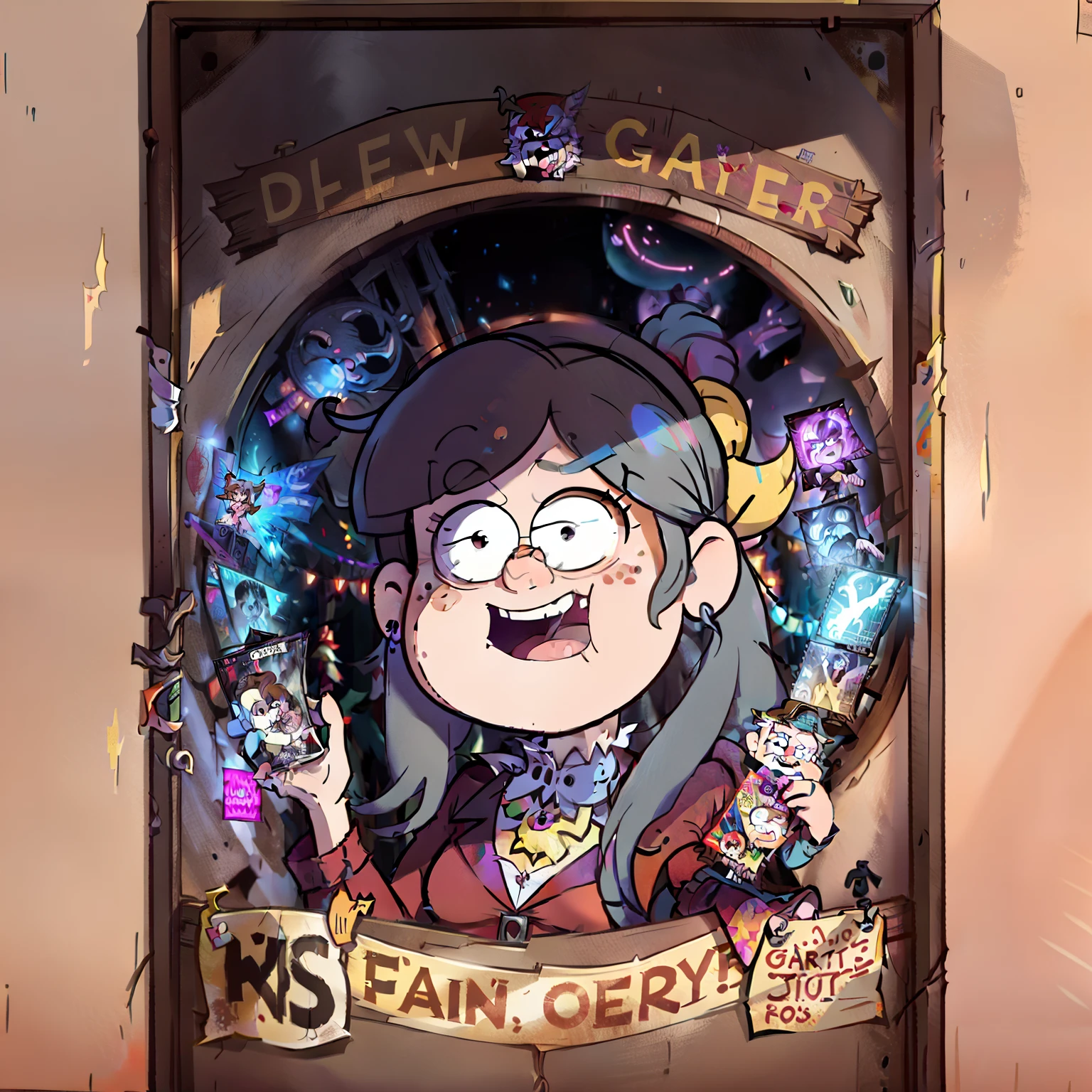 Cartaz de cinema Gravity Falls, todos os personagens, Diper, Mabel, tivô Stan