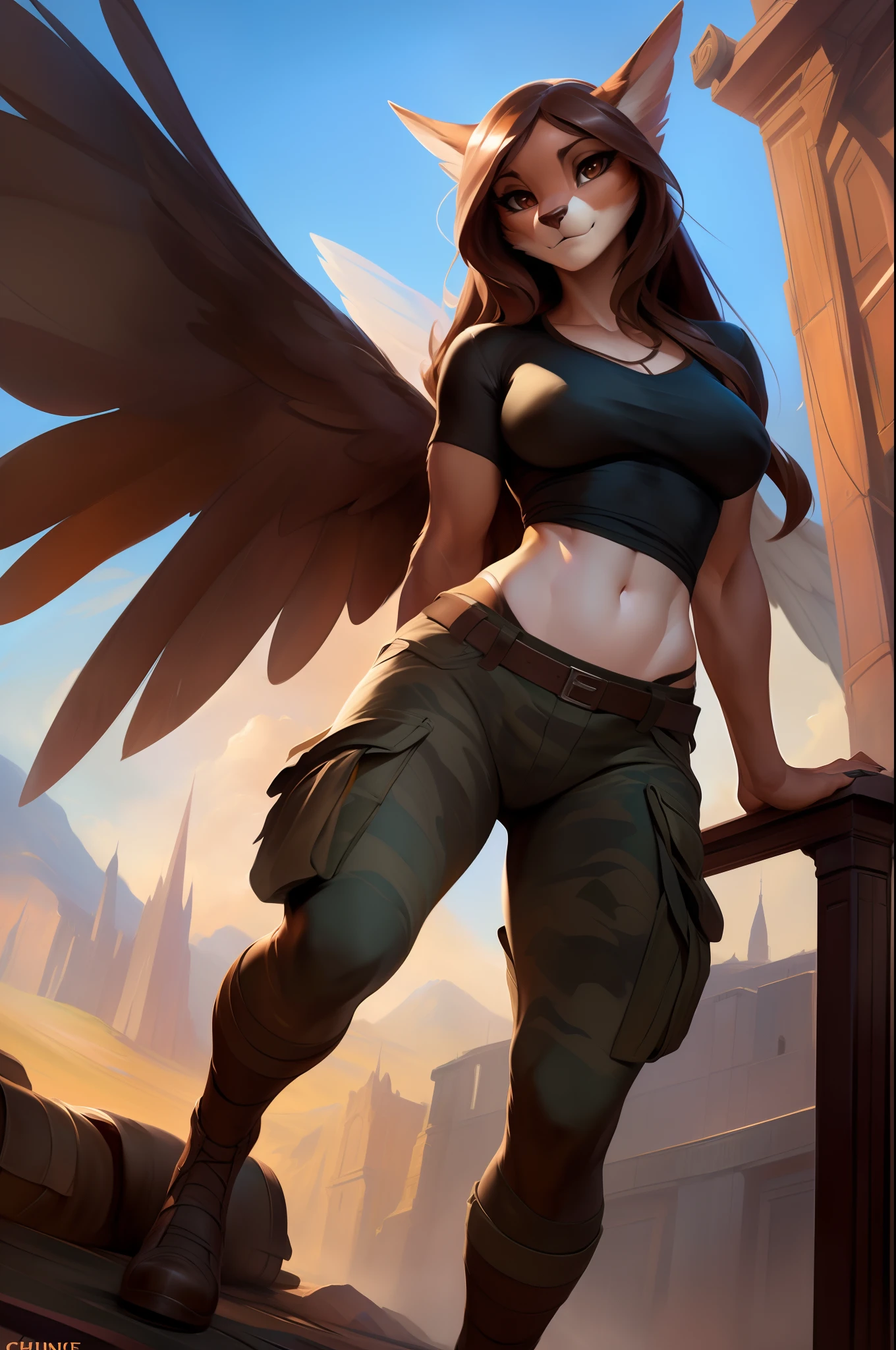 4k, high resolution, best quality, masterpiece, perfect colors, perfect shadows, beautiful and detailed portrait of a (((feminine))), perfect lighting, posted on e621, (by Chunie, by Einshelm), furry, anthro, furry art, ((portrait)), Female, black legs from foot to knee, Beautiful brown eyes, fit body, perfect masculine body, detailed fur, detailed face, ((Bonifasko lighting)), (detailed eyes), perfect pupils, Tall, Long brown hair, messy long hair, Wide hips, big legs, C cup breasts, Camo cargo pants, wearing clothes, Arms white, Black T-shirt, Dragon, Dragon wings, ((genitalia slip)), ((genitalia overflow)), genitalia outline on clothing, erection, (Very big bulge),male genitalia,