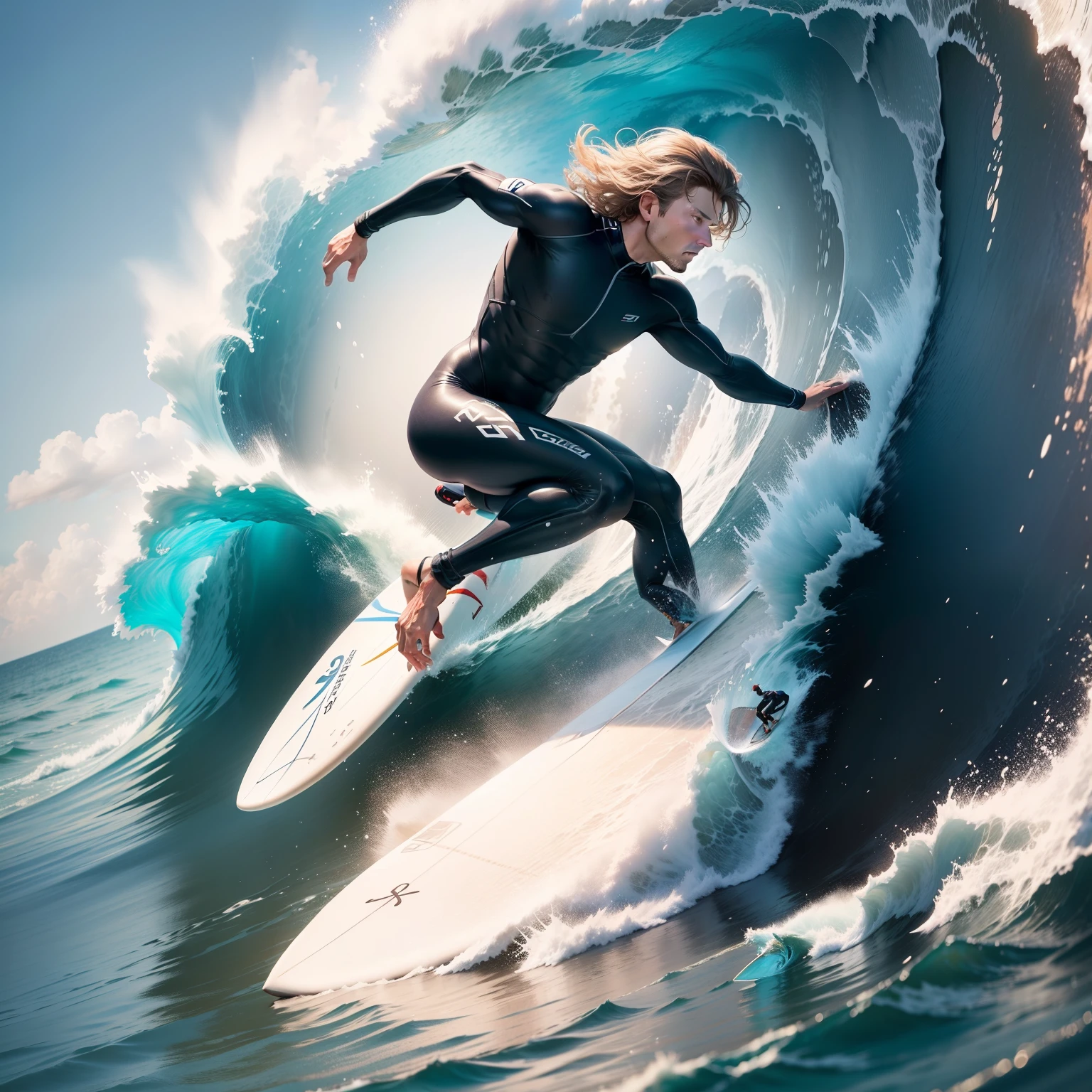 Generate an image of a surfer riding the waves with his surfboard. Under the image, write: "Ride the wave". But cancel the "ride" visibly and insert "write"