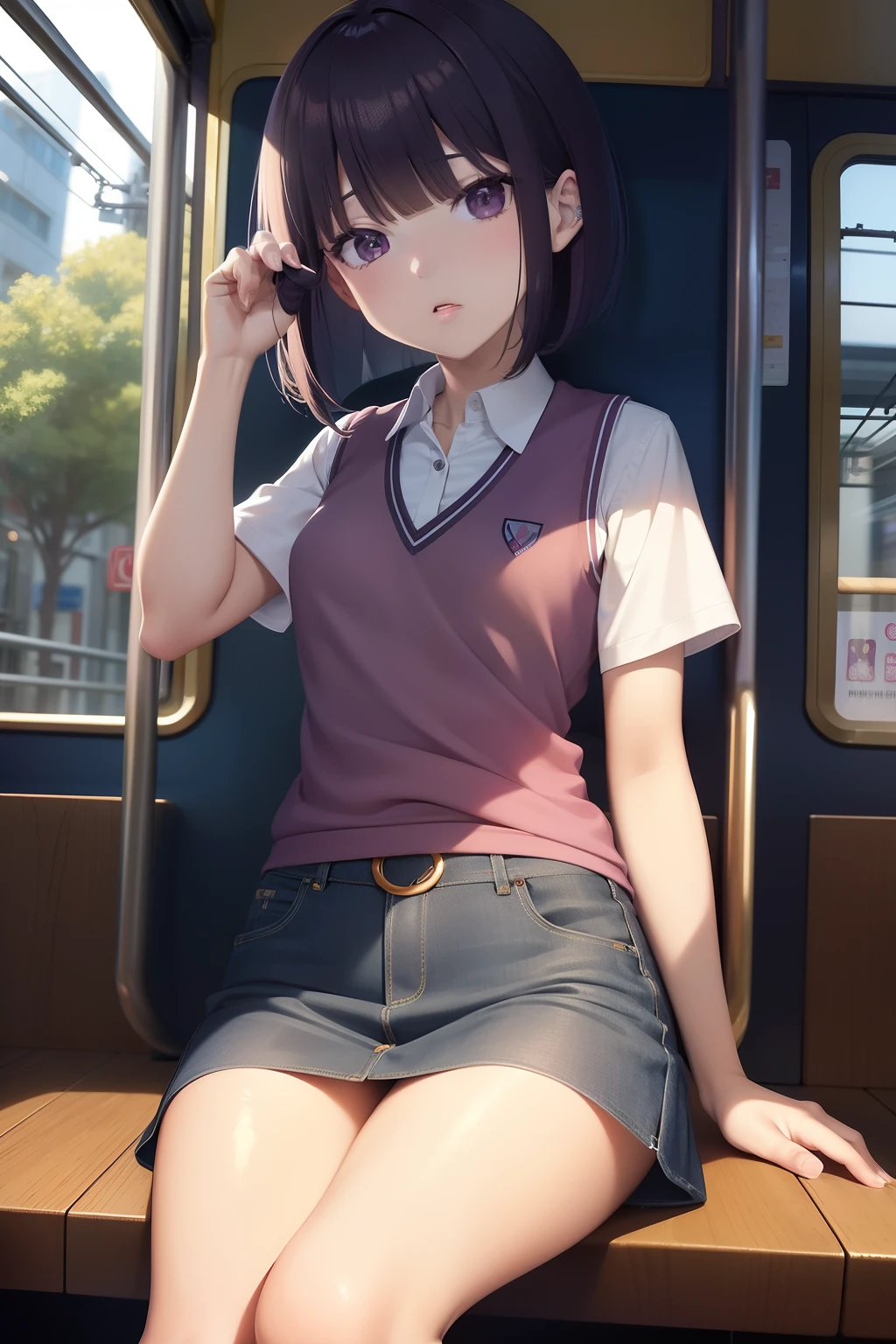 masterpiece、top-quality、hightquality、ultra-definition、a girl,Inside a small tram, holding her knees, anime girl sitting on a seat, anime art style,anime girl ,deep purple hair,short bob,Vest, polo shirt and miniskirt, ecchi anime style,, beautiful alluring anime ,cowboy shot