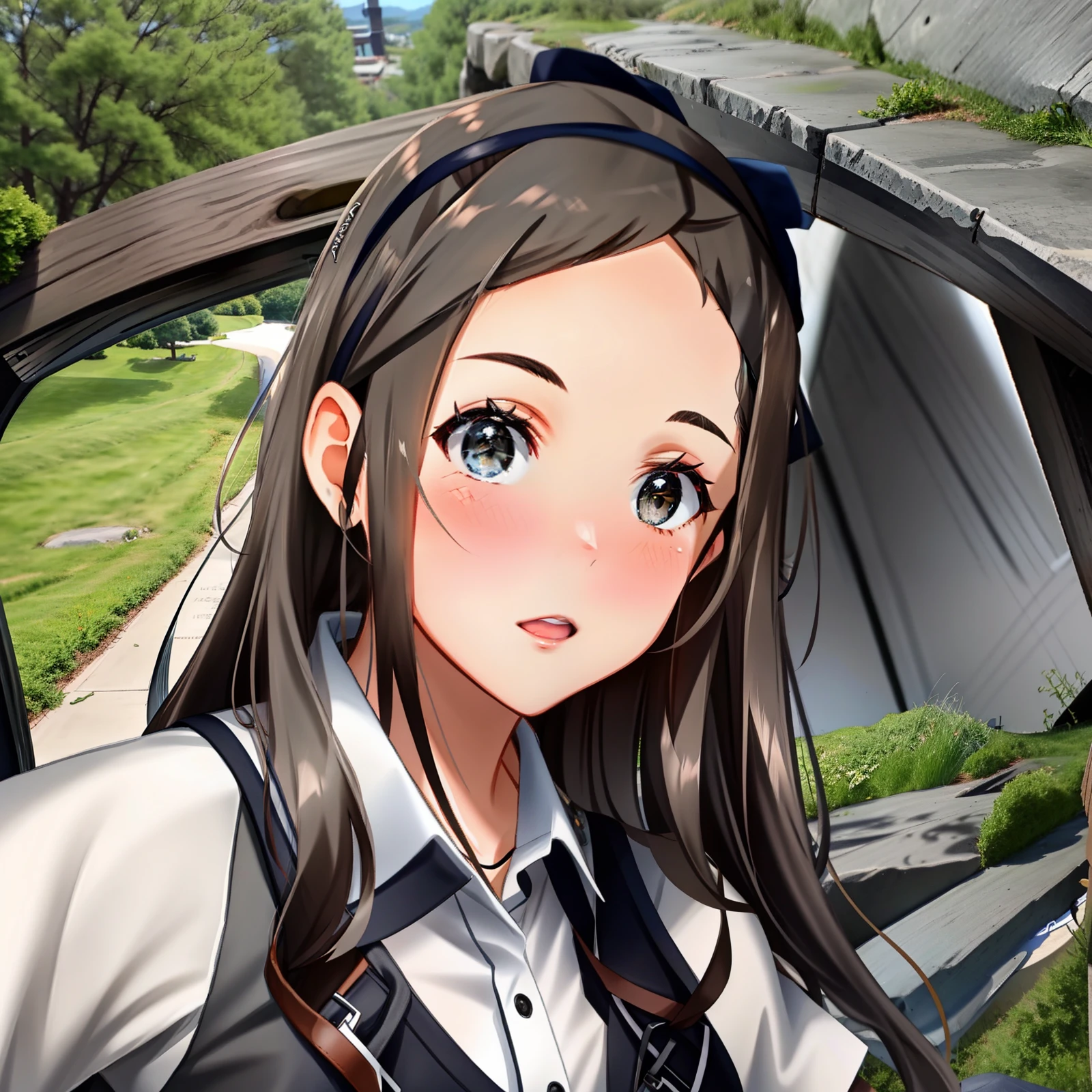 1girll,brown hair,Gray-black top,Gray-black headband