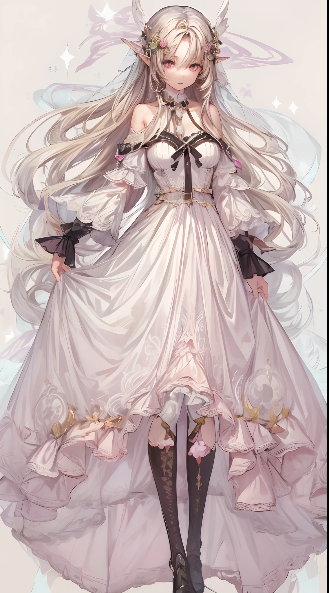 A stunning elf stands, her ethereal beauty enhanced by the delicate Lolita dress she wears. The dress, a blend of pink and black, features a fluffy skirt that sways with her. Her shoulders remain bare, drawing attention to her graceful neckline. Countless ribbons adorn her attire, each one a testament to her meticulous attention to detail. With an air of elegance and charm, she embodies the enchanting spirit of the elven world, a fusion of elegance and playfulness.