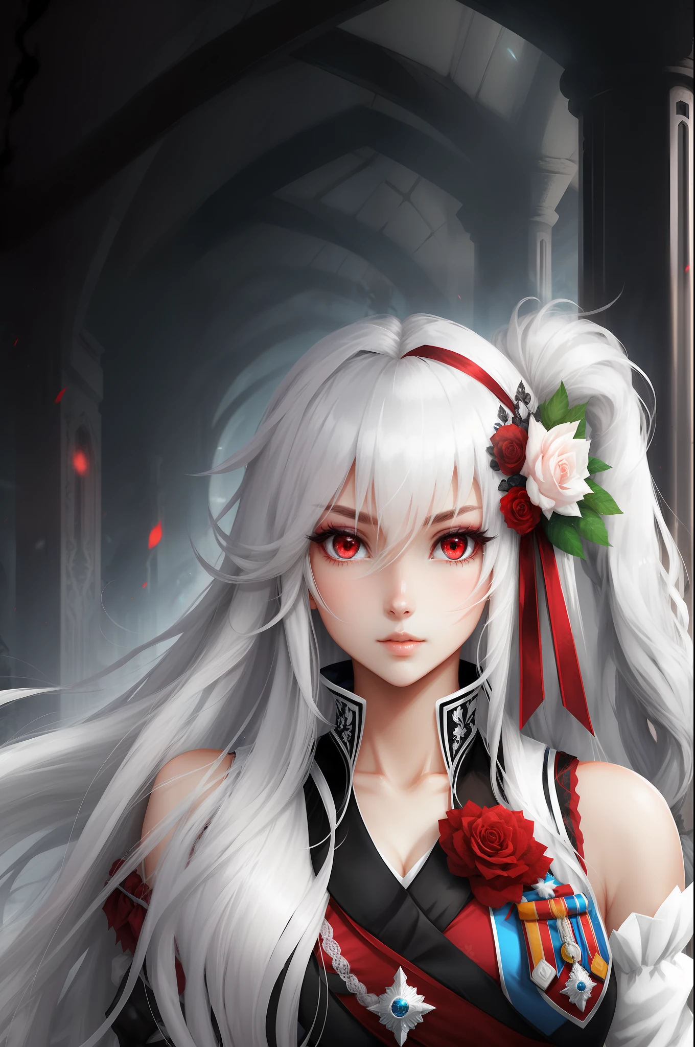 Female White long hair, two-dimensional red eyes, full body, royal sister