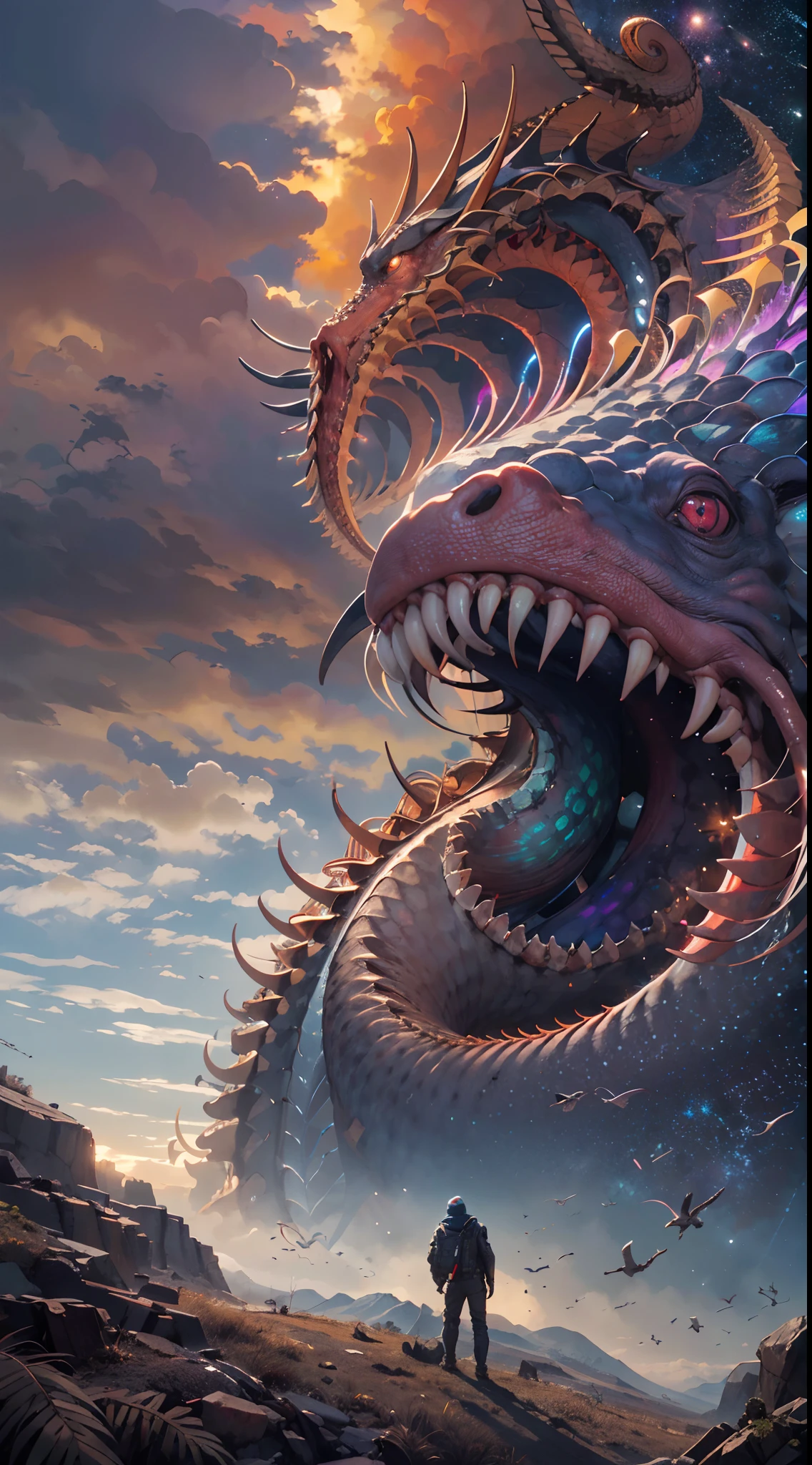 Monstruo gigante mirando hacia abjao en un paisaje de otro mundo,Gigante echo de fractales, Fractal infinito,fractal de Mandelbrot, divino, Figura imponente humanoide, masivo,escala masiba, mirando hacia abajo, de pie, inmenso, apocalyptic, colorido, iridiscente, obra maestra, 4k-resolution, detalles intrincados, dios,divino,ente superios echo de fractales,figuara imposible,geometria unica,