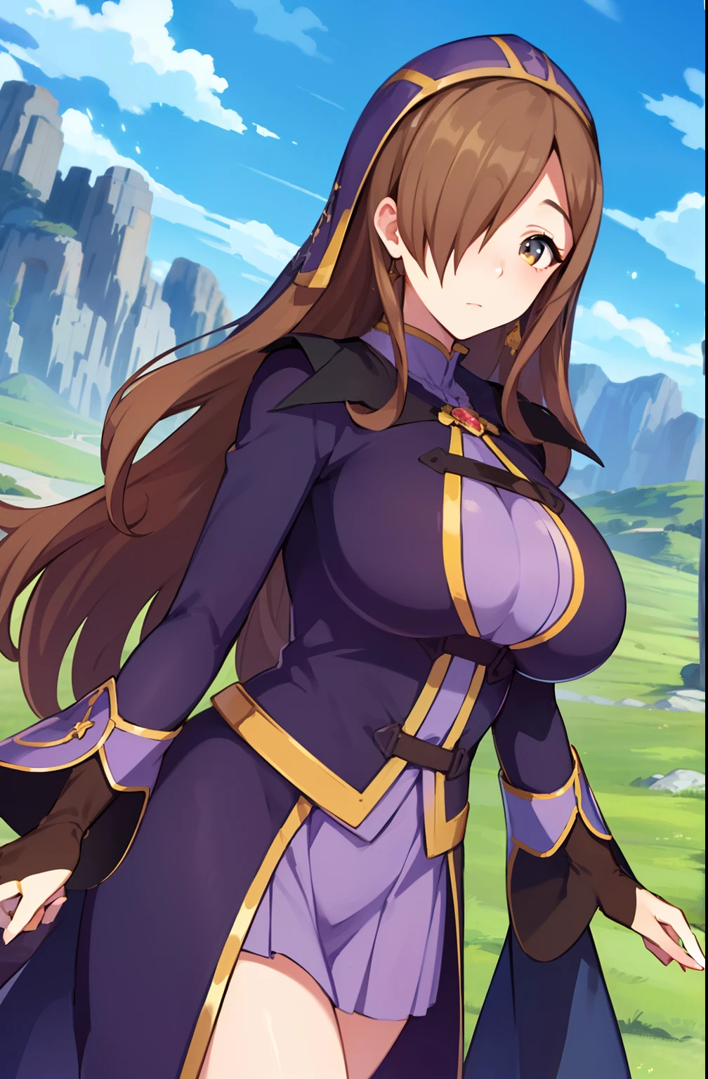 a painting of a mountain range with a sky background and clouds in the background, with a green field in the foreground,
Standing at attention,
Purple_long_sleeves_robe,(Purple_Skirt),
jewelry,earrings,gloves,
(brown_long_hair),brown_eyes,hair_over_one_eye,
1 girl, 20yo,mature female,Beautiful Finger,Beautiful long legs,Beautiful body,Beautiful Nose,Beautiful character design, perfect eyes, perfect face,
looking at viewer,  (big_eyes:1.0),(expressionless:1.3),
NSFW,official art,extremely detailed CG unity 8k wallpaper, perfect lighting,Colorful, Bright_Front_face_Lighting,
(masterpiece:1.0),(best_quality:1.0), ultra high res,4K,ultra-detailed,
photography, 8K, HDR, highres, absurdres:1.2, Kodak portra 400, film grain, blurry background, bokeh:1.2, lens flare, (vibrant_color:1.2)
(Beautiful,large_Breasts:1.4), (beautiful_face:1.5),(narrow_waist),