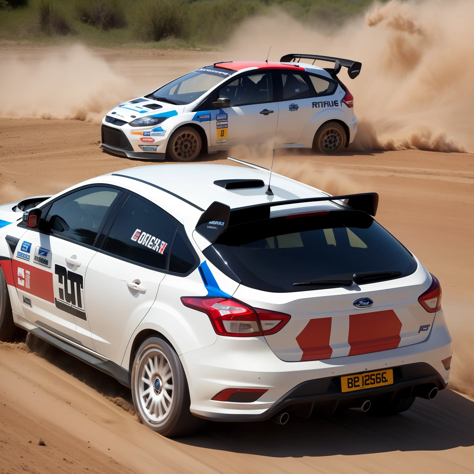 "Ford Focus Rally configuration, Intense action, adrenalinefilled, Mud splashes, High-speed stimulation, Rally cars fly in the dirt, Powerful engine roar, Precise operation, Dynamic angles, dust cloud, Sharp, A race against time."