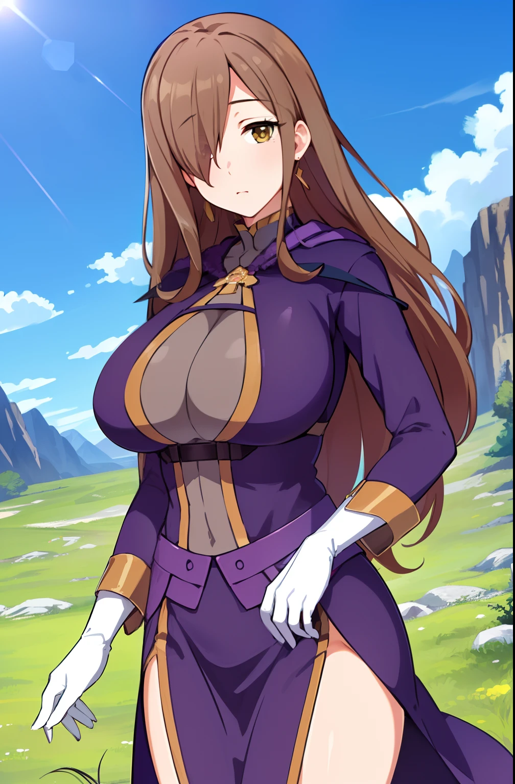 a painting of a mountain range with a sky background and clouds in the background, with a green field in the foreground,
Standing at attention,
Purple_long_sleeves_robe,(Purple_Skirt),
jewelry,earrings,gloves,
(brown_long_hair),brown_eyes,hair_over_one_eye,
1 girl, 20yo,mature female,Beautiful Finger,Beautiful long legs,Beautiful body,Beautiful Nose,Beautiful character design, perfect eyes, perfect face,
looking at viewer,  (big_eyes:1.0),(expressionless:1.3),
NSFW,official art,extremely detailed CG unity 8k wallpaper, perfect lighting,Colorful, Bright_Front_face_Lighting,
(masterpiece:1.0),(best_quality:1.0), ultra high res,4K,ultra-detailed,
photography, 8K, HDR, highres, absurdres:1.2, Kodak portra 400, film grain, blurry background, bokeh:1.2, lens flare, (vibrant_color:1.2)
(Beautiful,large_Breasts:1.4), (beautiful_face:1.5),(narrow_waist),