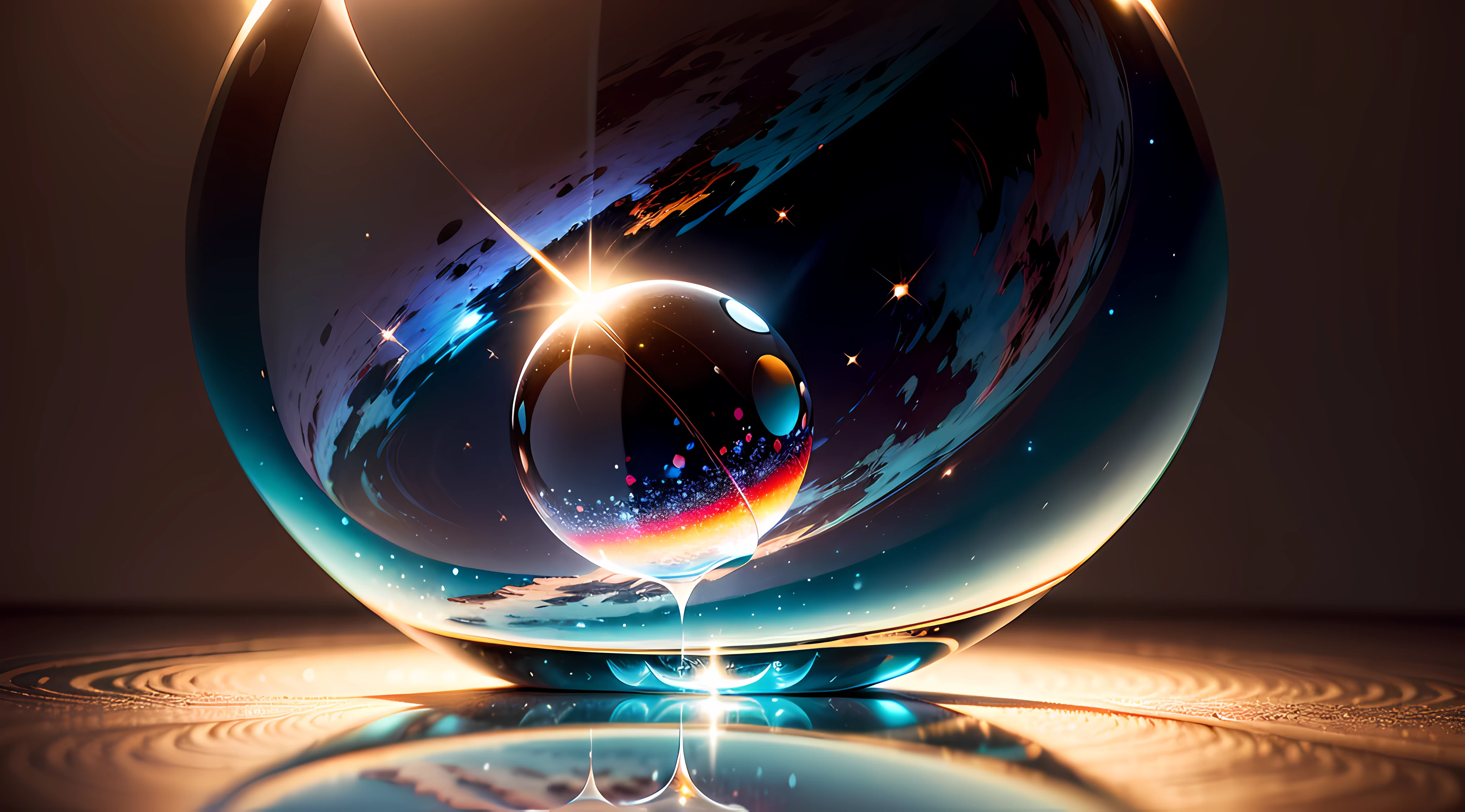 Por gentileza, Create a highly realistic surrealist image of a magical glass ball suspended in the air. A bola de vidro, with a diameter of approximately 20 centimeters, has a crystalline transparency, allowing a clear view of what's inside. The surface of the glass is carefully rendered, featuring small scratch marks, subtle irregularities and vivid reflexes.
The light falls on the glass ball from an oblique angle, creating a play of light and shadows that enhances every detail. The areas of greater transparency allow light to pass through the glass, resulting in a smooth and magical internal lighting effect. The areas with the highest density of glass, por sua vez, generate more intense reflections and light deviations that add depth to the surface.
External reflections are also prominent: the image captures the reflection of the surrounding environment on the glass surface, incluindo elementos surreais que evocam o cosmos. Estrelas brilhantes, Planets and nebulae are visible in the reflection, creating a fascinating contrast between earthly reality and the magic of space.
The depth of field is controlled to focus on the glass ball and highlight every impressive detail. The colors of the image are rich and vivid, intensifying the sense of mystery and charm. Resolution is set to 8K UHD to ensure maximum quality and detail.
The result will be a masterpiece that conveys the wonder of the magical glass ball, combinando realismo e surrealismo de maneira impressionante. The image captures not only the beauty of the object, but also the magical atmosphere that surrounds it