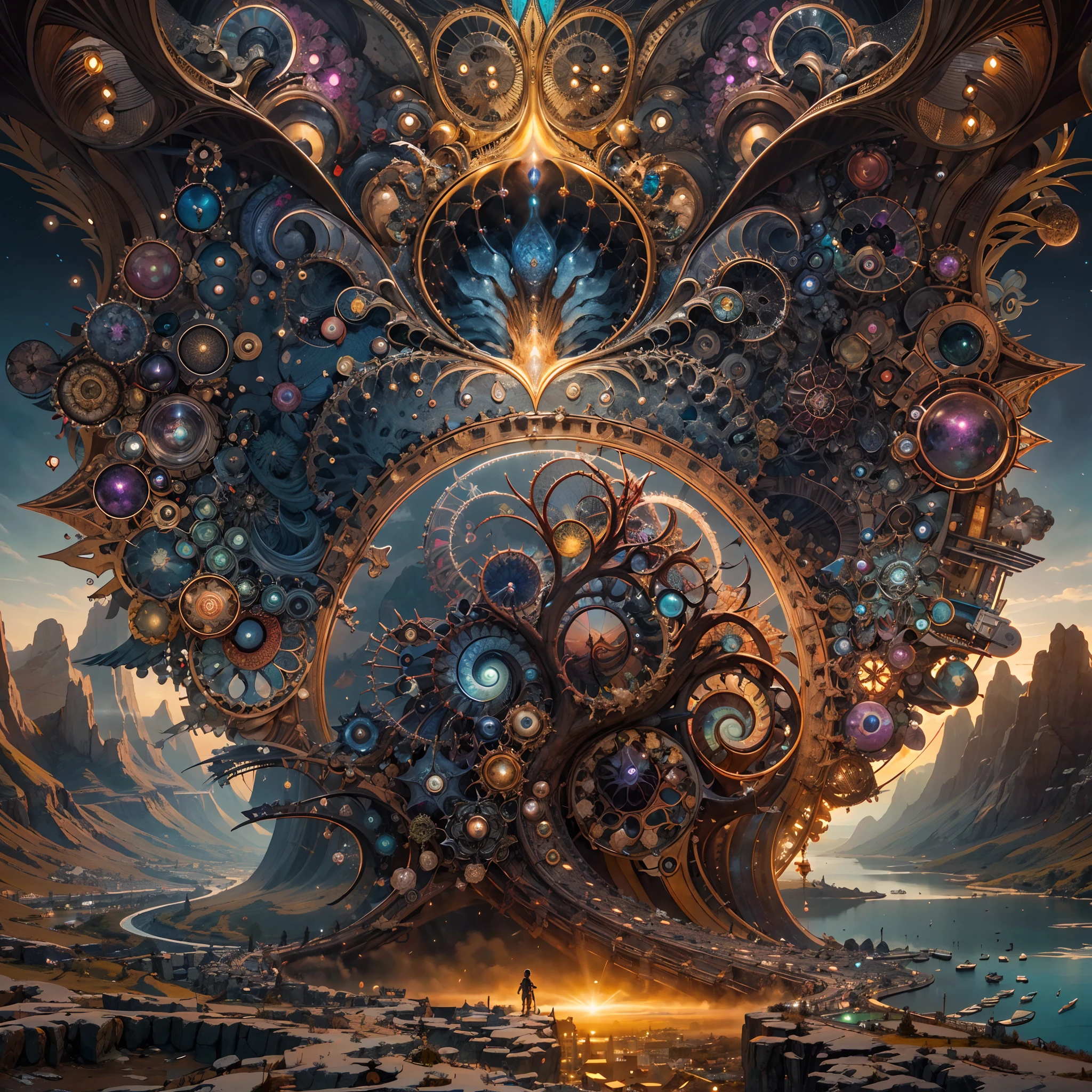 Monstruo gigante mirando hacia abjao en un paisaje de otro mundo,Gigante echo de fractales, Fractal infinito,fractal de Mandelbrot, divino, Figura imponente humanoide, masivo,escala masiba, mirando hacia abajo, de pie, inmenso, apocalyptic, colorido, iridiscente, obra maestra, 4k-resolution, detalles intrincados, dios,divino,ente superios echo de fractales,figuara imposible,geometria unica,