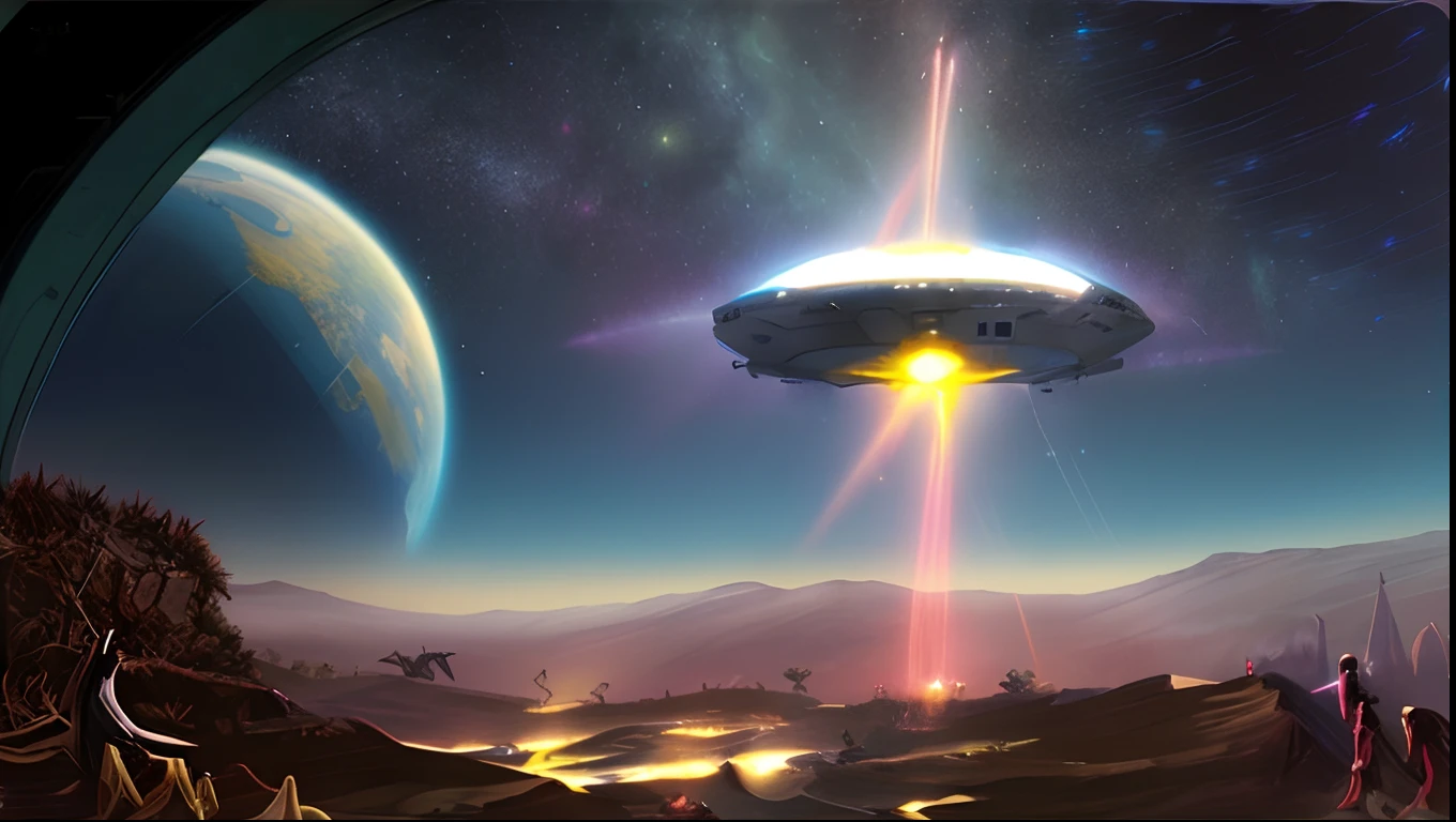 pintura de uma nave espacial sobrevoando uma montanha com um grupo de pessoas, Rapto de OVNIs, extraterrestre, Pouso de OVNIs, 70s retro scifi art, extraterrestrial paradise, depicted as a scifi scene, UFO AttackLogical, extraterrestial, OVNI, Ovnis, Dogfighting um OVNI com lasers, aliens invading earth, OVNIlogia