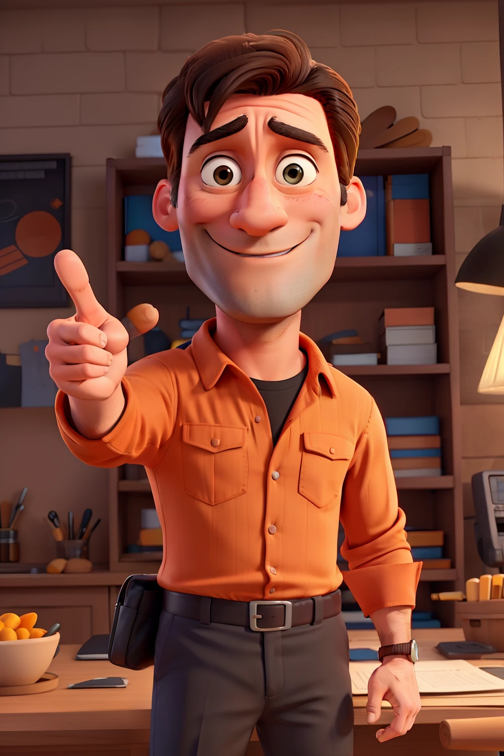Jon Hamm cartoon dressed in an orange shirt and black pants, sorrindo e apontando para a esquerda com o dedo indicador