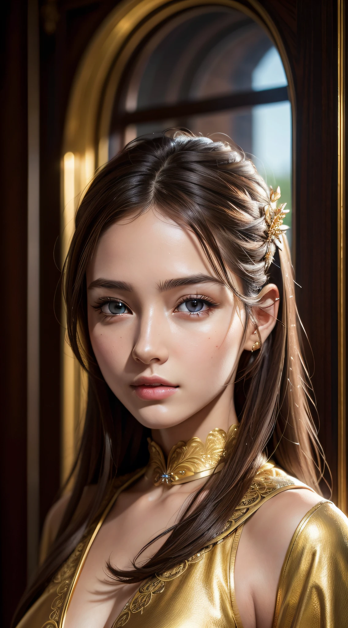 best quality, masterpiece, (realistic:1.2), 1 girl, brown hair, brown eyes, Front, detailed face, beautiful eyes, wear golden suit, best quality, masterpiece, (realistic:1.2), 1 girl, detailed face, beautiful eyes, [(Transparent background:1.5)::5], (((masterpiece))), (((best quality))),(((extremely detailed))), illustration, 1girl, solo, mysterious, multi-color eyes, detailed eyes, hyper detailed, light smile, highly detailed, beautiful, small details, ultra detailed, best quality, intricate, 4k, 8k, trending on art station, good anatomy, beautiful lighting,