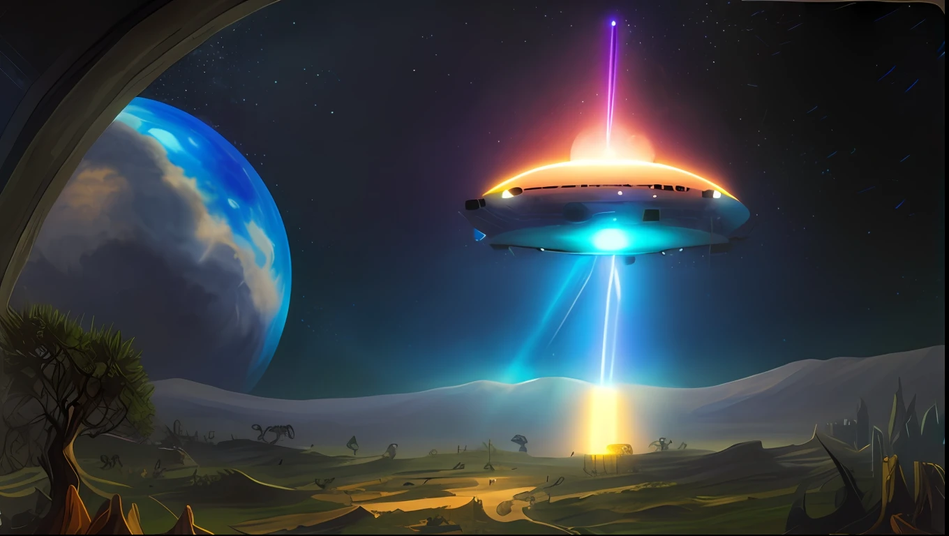 pintura de uma nave espacial sobrevoando uma montanha com um grupo de pessoas, Rapto de OVNIs, extraterrestre, Pouso de OVNIs, 70s retro scifi art, extraterrestrial paradise, depicted as a scifi scene, UFO AttackLogical, extraterrestial, OVNI, Ovnis, Dogfighting um OVNI com lasers, aliens invading earth, OVNIlogia