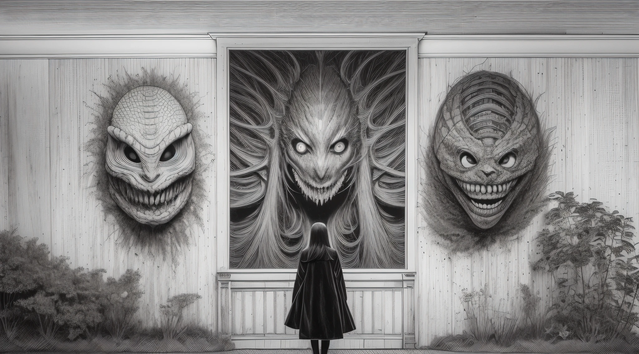 a black and white drawing of a woman standing on a monster fish, junji ito 4 k, junji ito artwork, pixivs and junji ito, inspired by Junji Ito, horror illustration, art style of junji ito, subtle junji ito, detailed 4k horror artwork, in style of junji ito, junji ito style