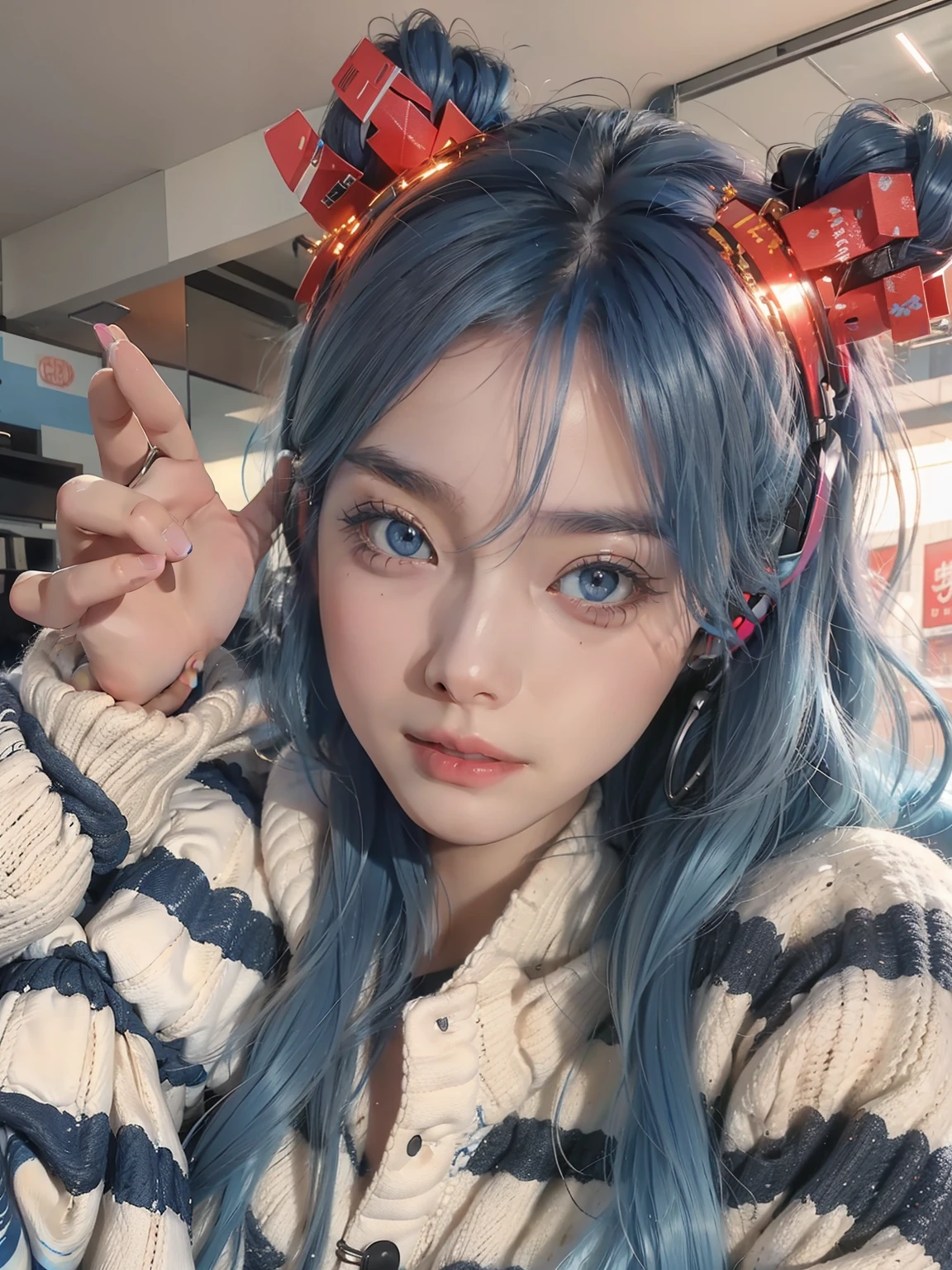 one-girl，Long light blue hair slightly curly，lewd poses，High temperament and coldness，Messy long hair，blue color eyes，Long white eyelashes，Bring headphones，The mouth is closed，No teeth exposed，Rainbow，cyber punk perssonage，The environment is simple，Meticulous facial features，8K，hyper HD，the detail（1：2），cinematric light，warm lights，looking at viewert，鎖骨，Shoulders exposed，Blackn clothes，复杂，Rich in graphics，mizore，真实感