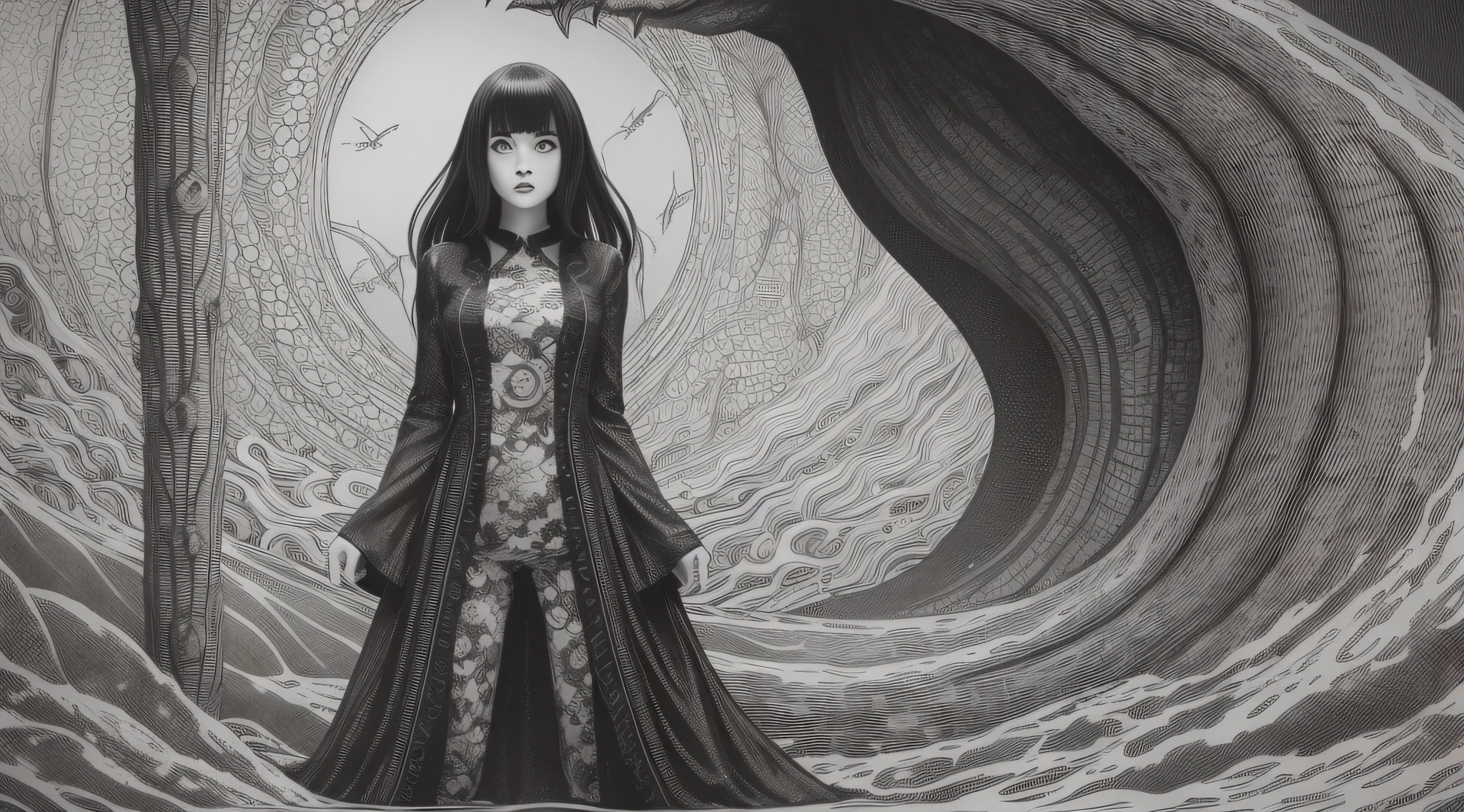 a black and white drawing of a woman standing on a monster fish, junji ito 4 k, junji ito artwork, pixivs and junji ito, inspired by Junji Ito, horror illustration, art style of junji ito, subtle junji ito, detailed 4k horror artwork, in style of junji ito, junji ito style