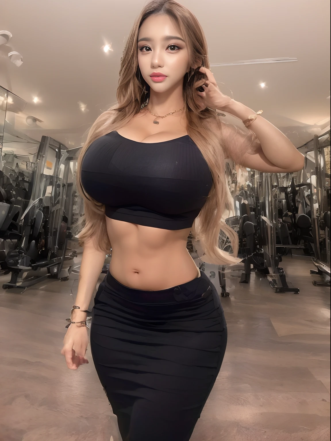 masterpiece, best quality, realistic, ultra-detailed, girl with perfect body),(pretty korean female announcer, (thin waist:0.5),(huge breasts:1.2), (huge as:1.5), brown long hair, straight hair), Detailed eyes, Double eyelid, neat and clean girl,high heels black boots, full body, revealing sports bra, string underwear, 20 year old, gym, golden hoop earrings, belly piercing