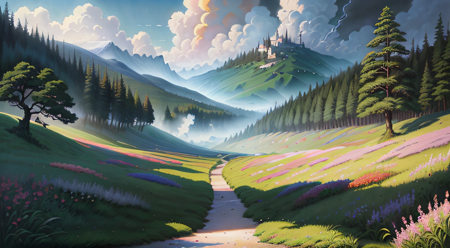 Realistic, authentic, beautiful and amazing landscape polluted with excess CO2, death trees oil painting Studio Ghibli Hayao Miyazaki's petal grassland with dark sky and grey clouds