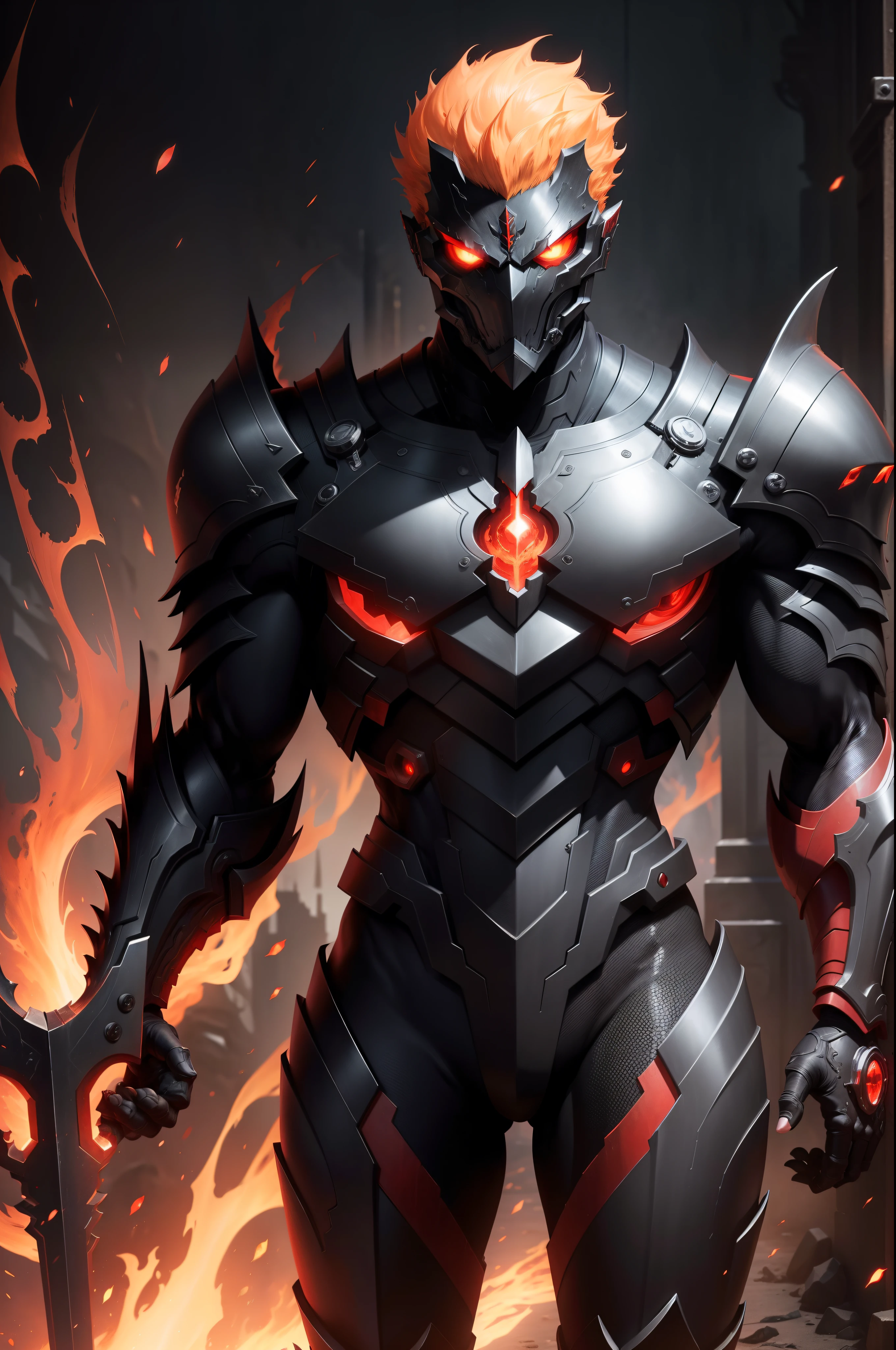 Genos handsome face handsome man with red eyes machine body, alduin, with flaming red eyes, darksiders style, darksiders art style, black flame reflective armor, with fiery red eyes, crazy gut madness, sharp red eyes, cyborg-inspired armor, black ancalagon.