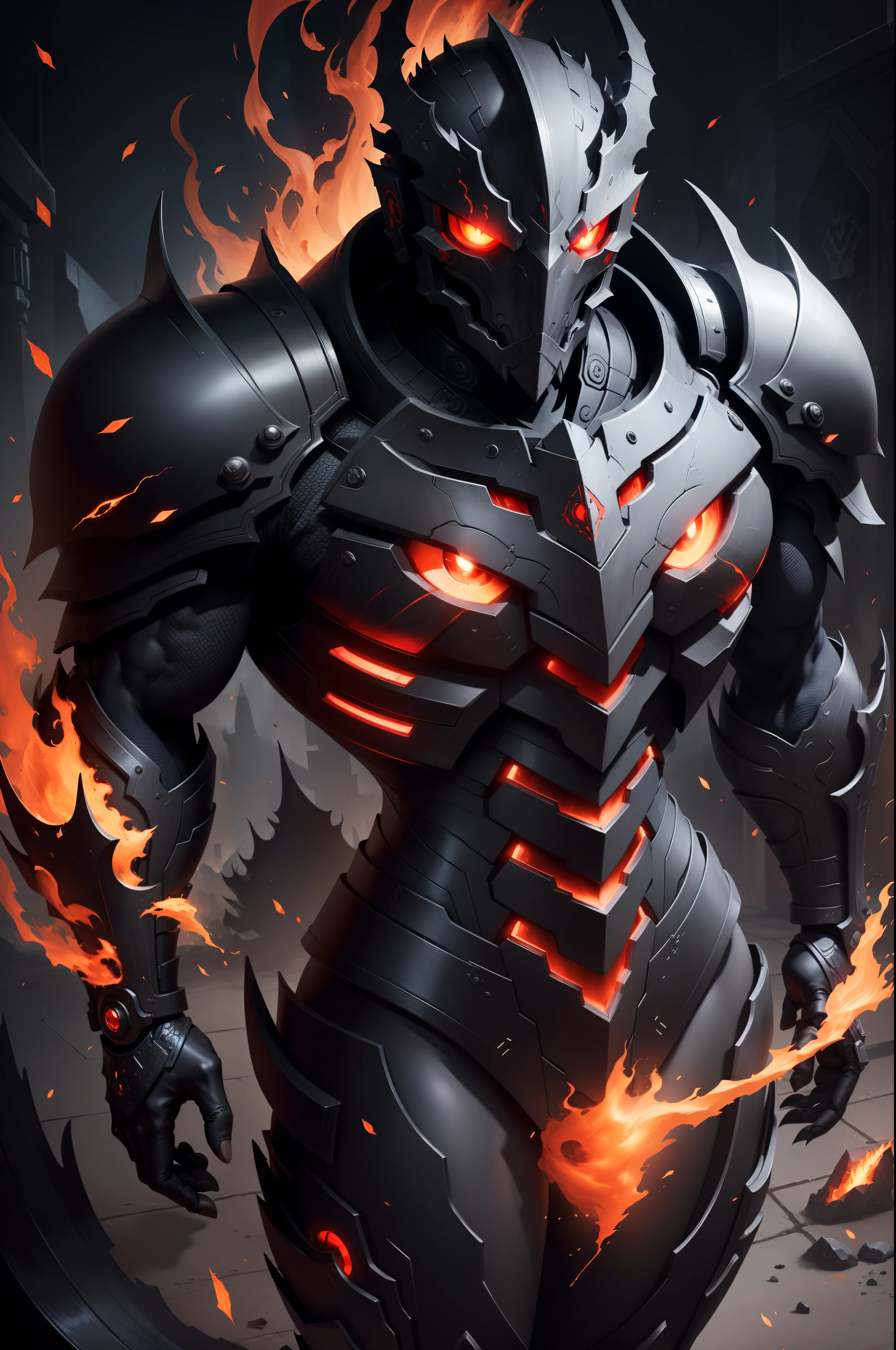 Genos handsome face handsome man with red eyes machine body, alduin, with flaming red eyes, darksiders style, darksiders art style, black flame reflective armor, with fiery red eyes, crazy gut madness, sharp red eyes, cyborg-inspired armor, black ancalagon.