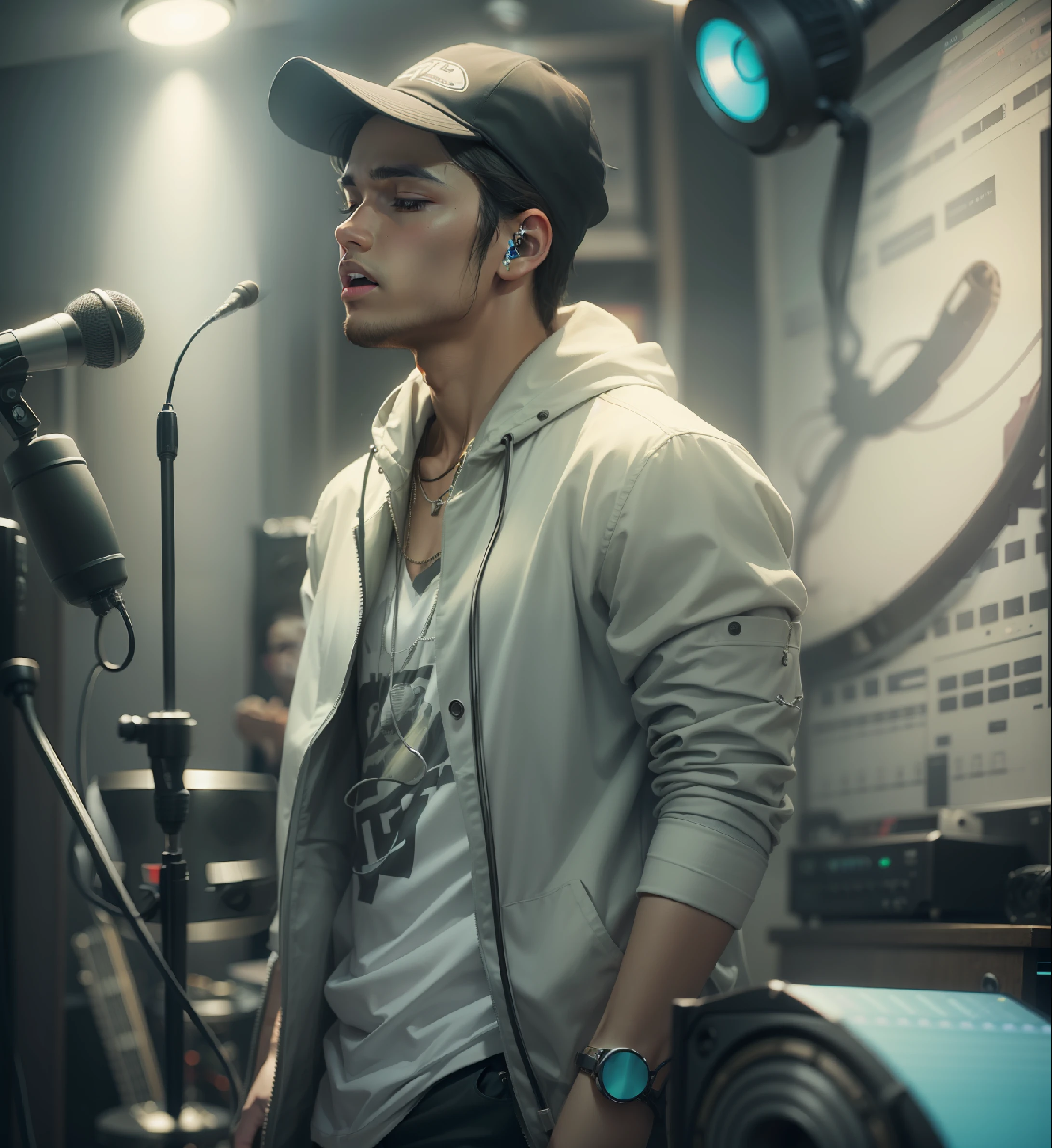 An music artist singing in mic with the background of music studio