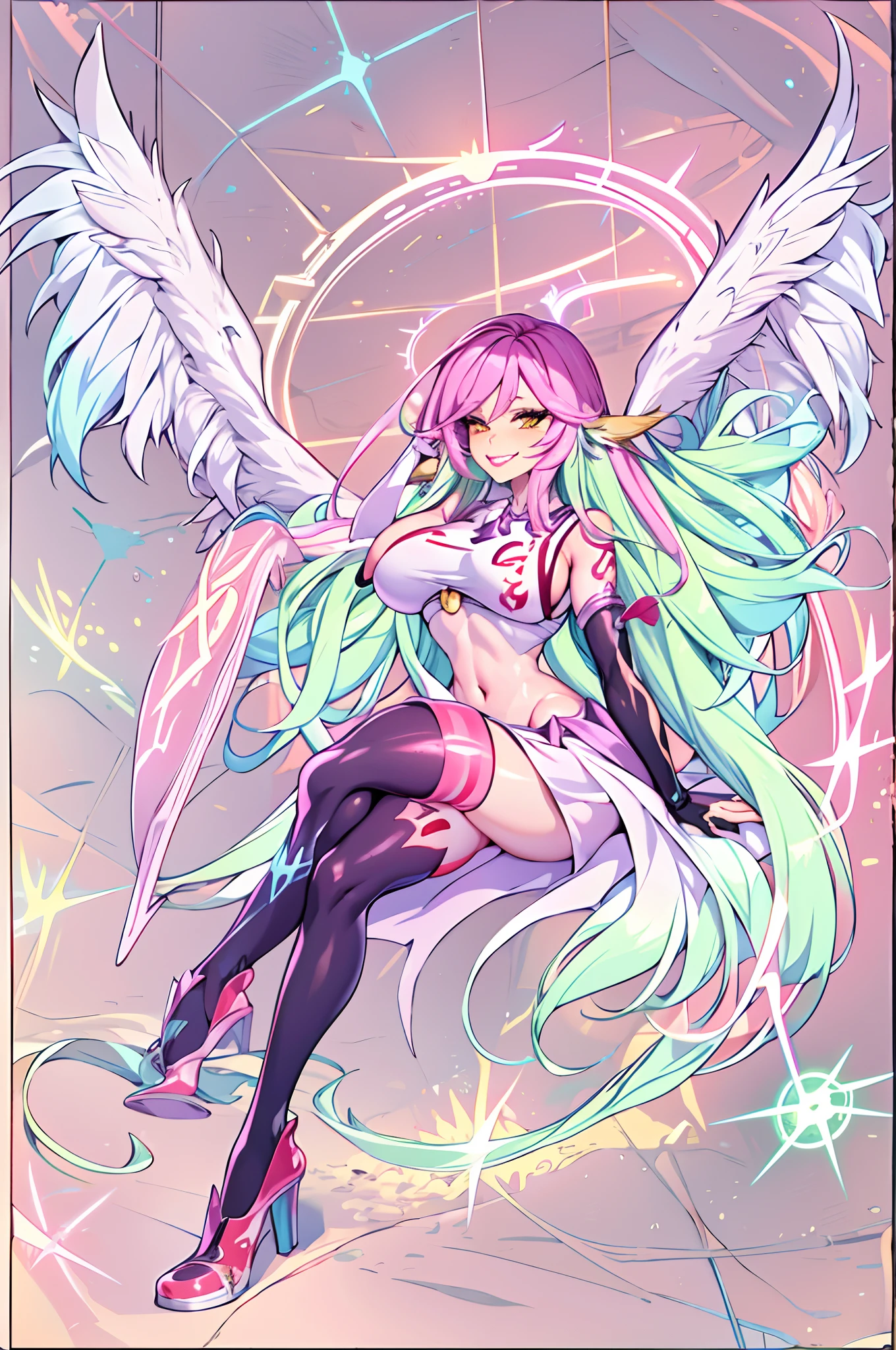 jibril 1girl, solo, long hair, breasts, sideboob, halo, pink hair, pink stocking, low wings, compass rose halo, wings, navel, book, gloves, bird ears, midriff, magic circle, asymmetrical legwear, angel, angel wings, animal ears, very long hair, yellow eyes, white wings, large breasts, mismatched legwear, single shoe, feathered wings, orange eyes, shoes, multicolored eyes, thighhighs, , cross, multicolored hair, gradient hair, looking at viewer,, smile, walking