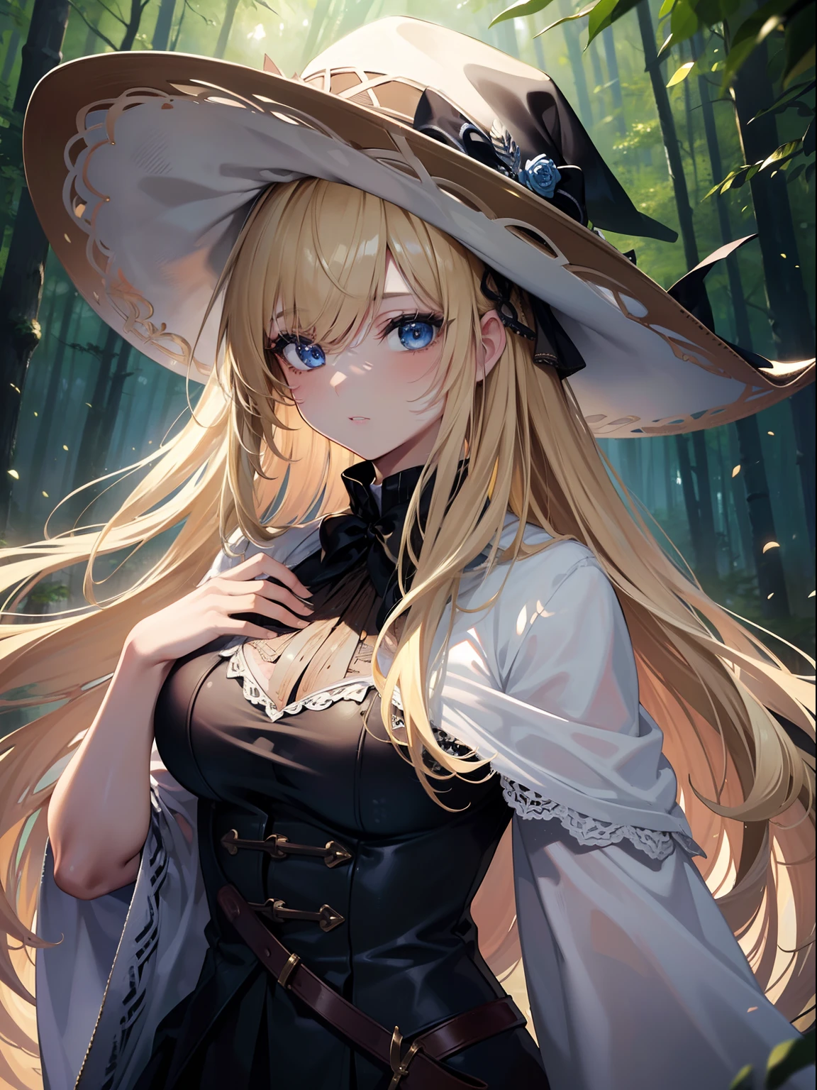 (Masterpiece, Best Quality, Ultra High Resolution),1girl,blonde hair, hair over eye, beautiful and detailed face, detailed eyes,((cowboy shot)),white witch hat,in a dark forest