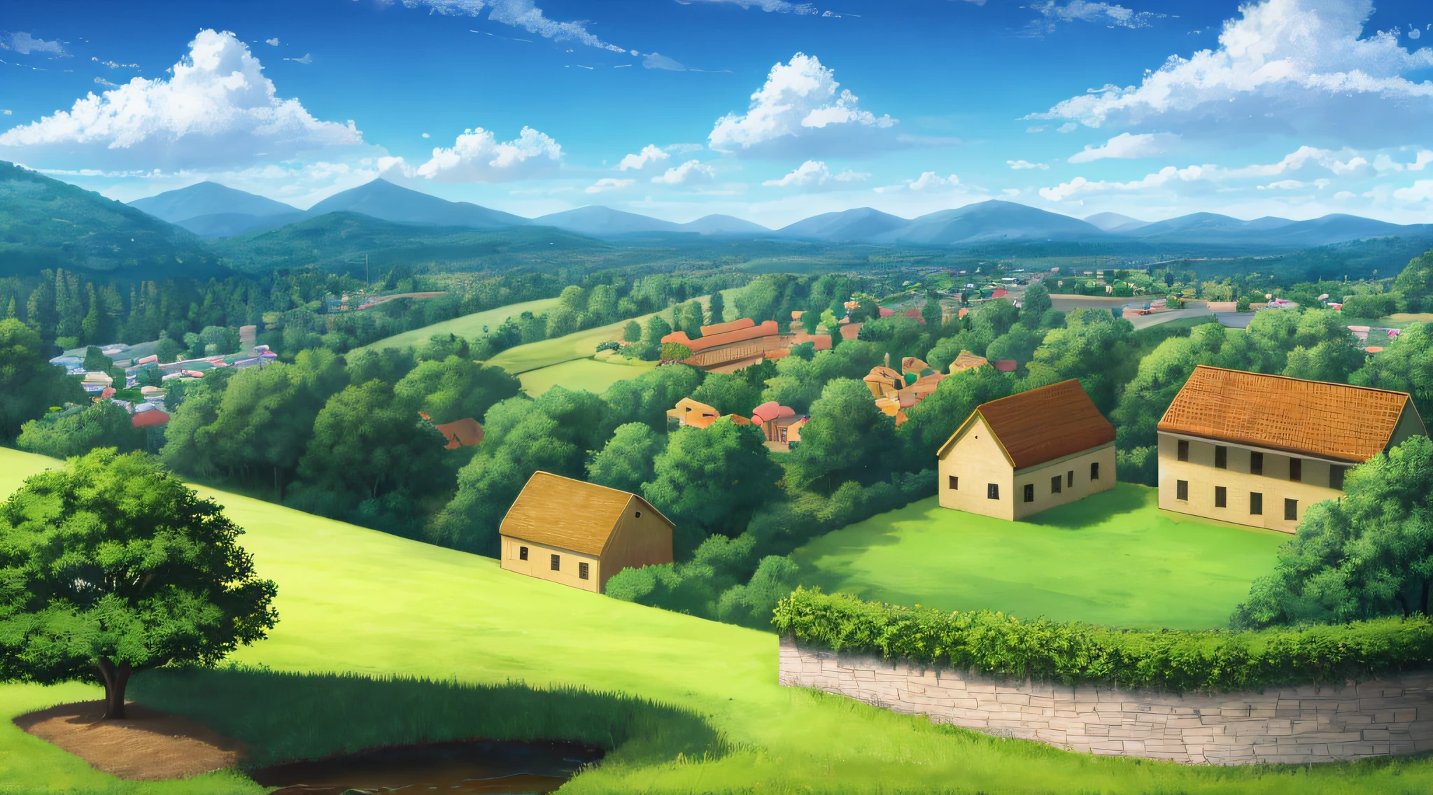 landscape, forest, village, well, sky, clouds