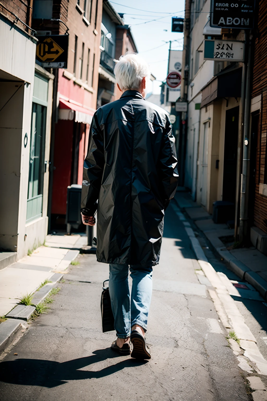 best qualtiy,80shair,Middle aged,White hair,Heads-up,A half body,Wear it for resumption of work,Back shadow,street in the background