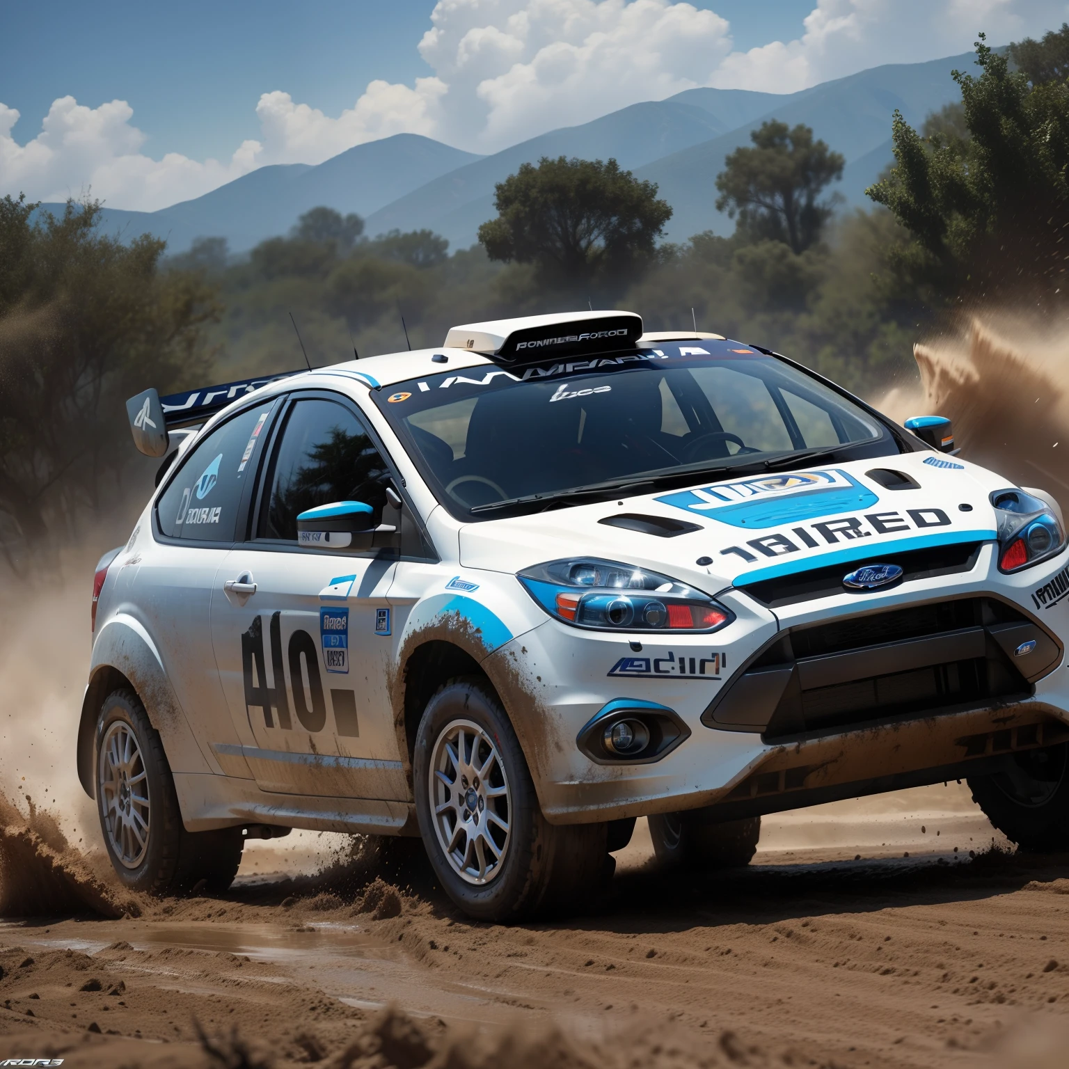 "Ford Focus Rally configuration, Intense action, adrenalinefilled, Mud splashes, High-speed stimulation, Rally cars fly in the dirt, Powerful engine roar, Precise operation, Dynamic angles, dust cloud, Sharp, A race against time."