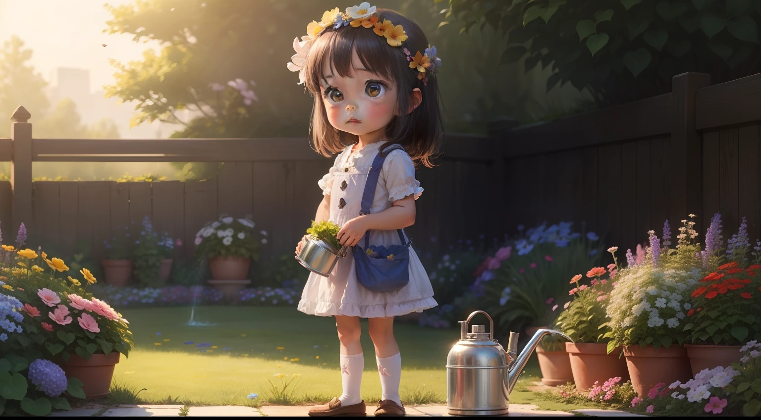 A very attractive girl with a backpack and a cute dog、Enjoying a cute spring excursion surrounded by beautiful yellow flowers and nature. Illustrations are high-definition illustrations in 4K resolution、Features highly detailed facial features and cartoon-style visuals