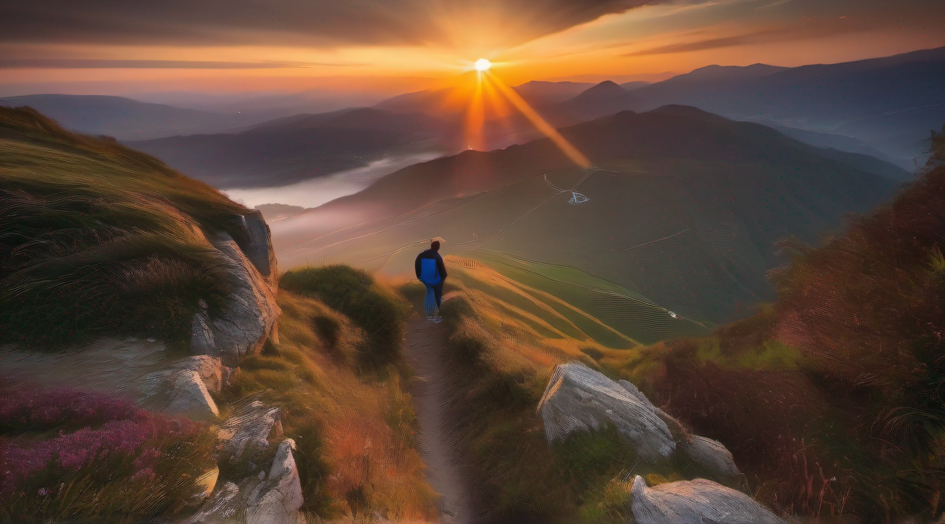 A man with open arms in the mountain seeing horizon, sunset, (((realistc photo))), (masterpiece), ((best quality))