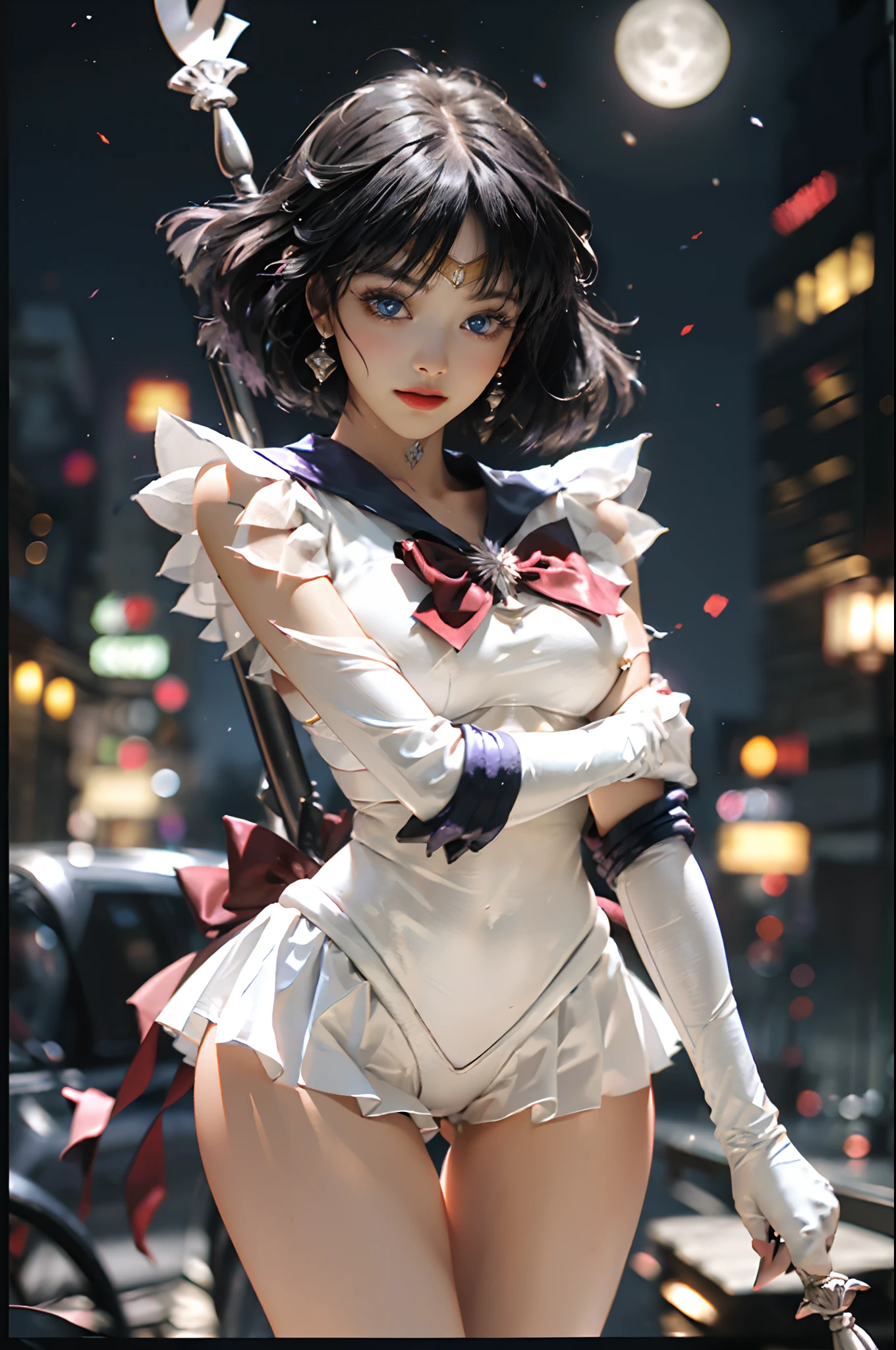 masterpiece、ful:1.3、stands、8K、3D、realisitic、Ultra Micro Photography、top-quality、Wallpapers with extreme details CG Unity 8K、frombelow、intricate detailes、(1 rapariga)、13years、Sailor Saturn:1.6,Hotaru Tsuchimoto:1.5,Sailor Senshi Uniform:1.4、Dark purple hair、Bob-cut hair fluttering in the wind,Sexy and dynamic model poses,dynamicposes,dynamic ungle、((Big long spear,battoujutsu stance,arma,Big sickle,Popol Weapon:1.2 )),(Purple sailor color,Purple pre-gate mini skirt:1.4、Purple Pleated Mini Skirt:1.4、Show cleavage,Cameltoe,Very thin and fit high gloss white holographic leather、High Leg Silver Swimsuit,very large red bow on the chest,,,,,,Very big red bow on the buttocks,Long white latex gloves,Purple gloves on elbows、Luxurious Golden Tiara、Metallic luster,Holographic Nagros,耳Nipple Ring,)、tiny chest:1.6、小柄,a small face、Thin, perfectly proportions、big breasts thin waist、(Outline of the iris:1.3, Details of face:1.3、Bright blue eyes、Beautiful expression、beautidful eyes、shinny eyes、thin lipss:1.7、thin and sharp pale eyebrows,、long dark eyelashes、Double eyelashes、Luxurious Golden Jewelry、Visible Pore、Young Face、Sad look,seducting smile、perfect hand:1.5、thin and muscular,,octan render、highly dramatic picture、Strong natural light、sunlights、exquisite lighting and shadow、Digital SLR、foco nítido: 1.0、Maximum clarity and sharpness、((kosmos:1.3,Saturn:1.5、Saturn ring:1.5、The Sanctity of the Grim Reaper,cosmic background、rays of moonlight、Dynamic backgrounds、细致背景)),(meishaonv,tiarra,Gold tiara on forehead,a sailor suit),Sailor Saturn,
Gold tiara on forehead