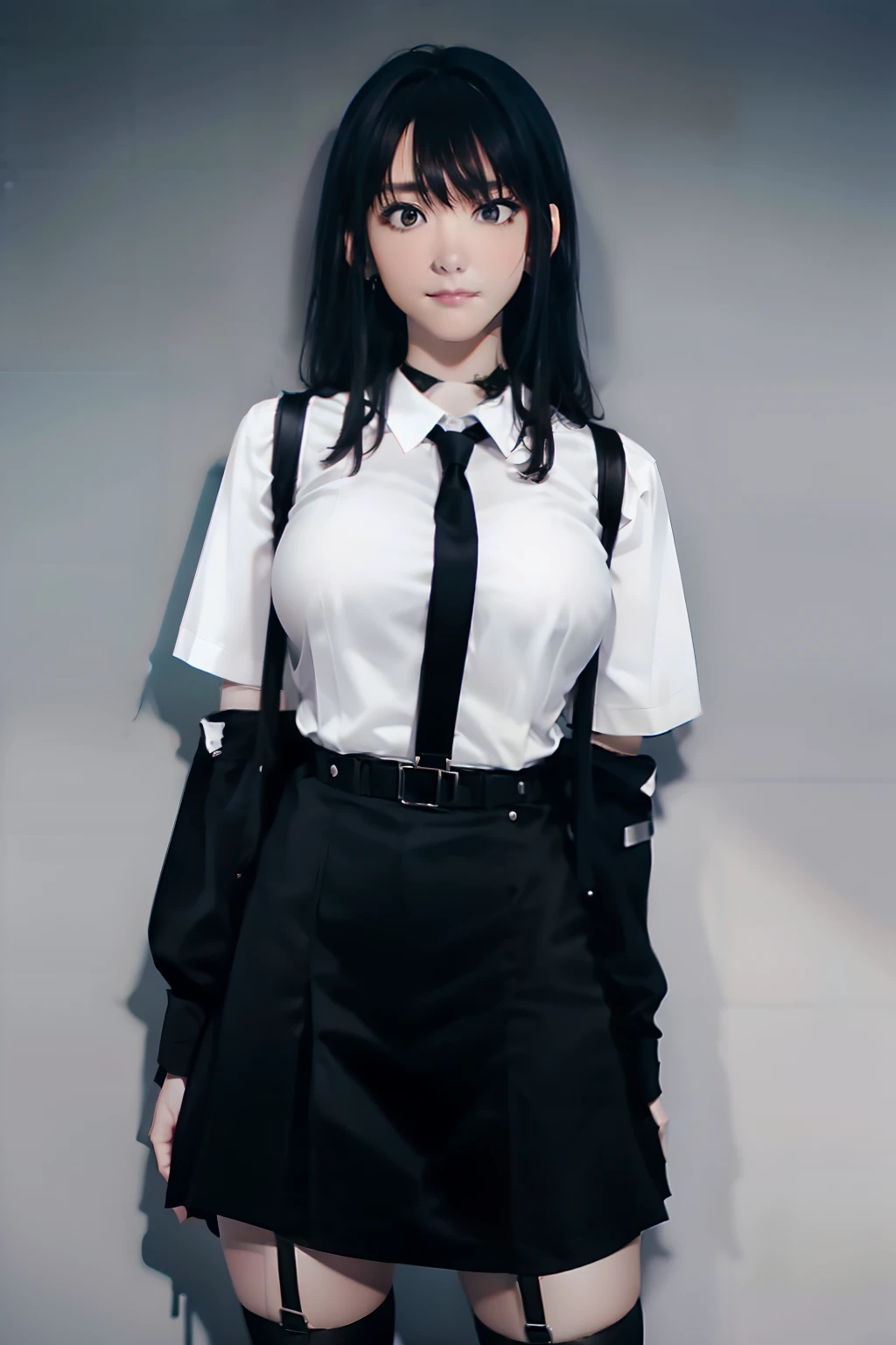 a black skirt, neck tie, Cutter shirt suspenders, Long Black Hair, Gray eyes, holster, Garter belt on the legs, , Big breasts, Pichi Pichi clothes, both sides deadpan Behind