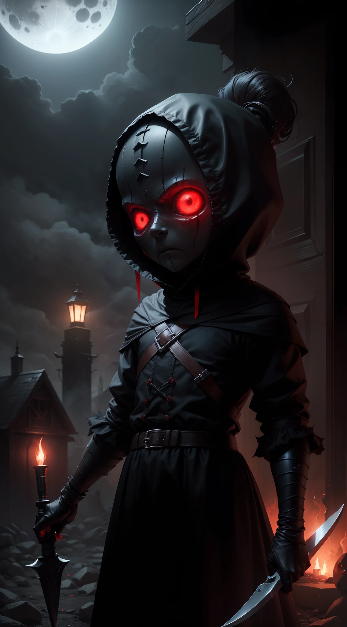 a demonic faceless small_humanoid, with two bladed weapons, scary, horror, night, dark, fall weather, full moon, glowing red eyes, evil, 1600s
