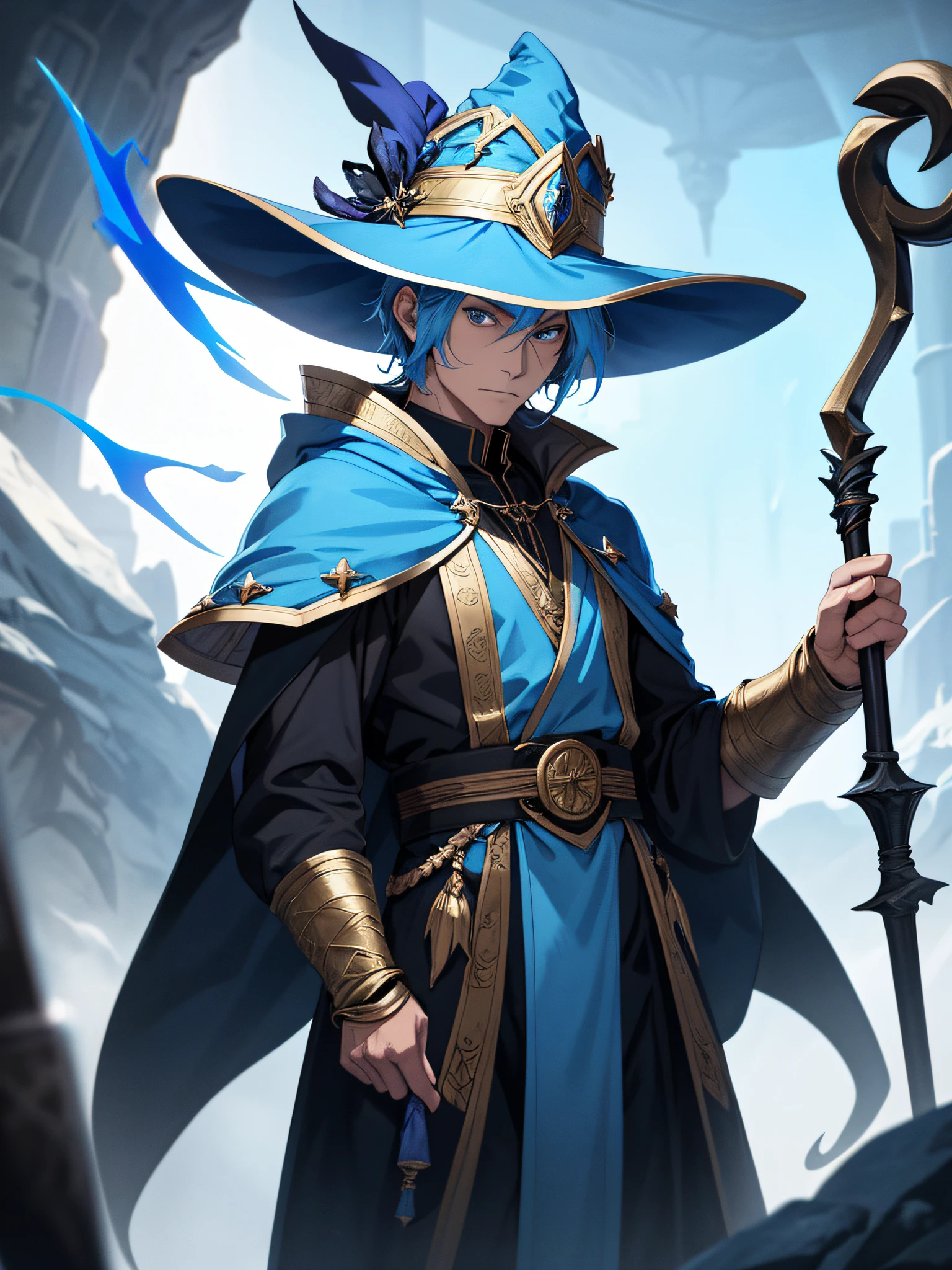 male people,The old wizard held a staff in his hand,The main color is blue,anime big breast,